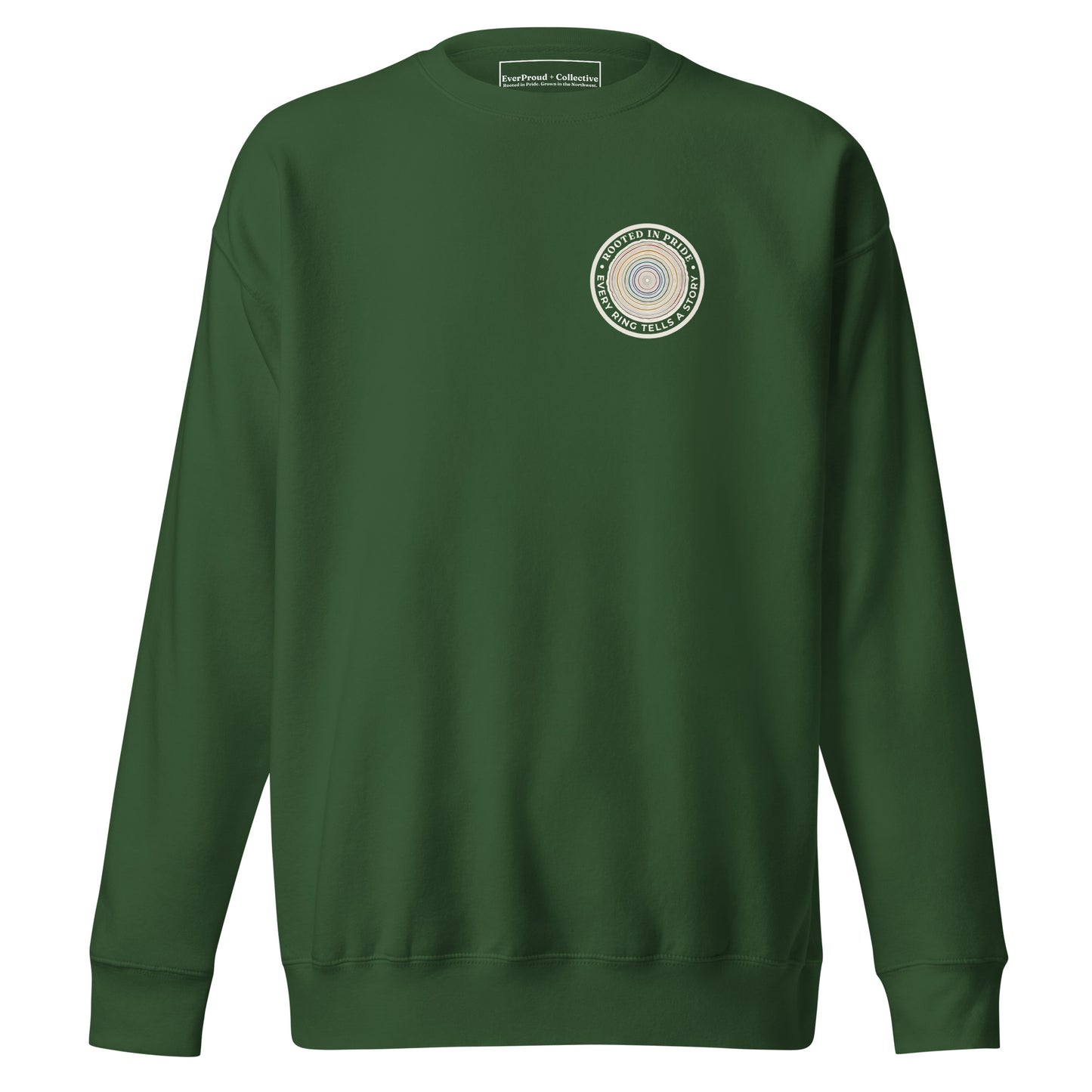 Quiet Rings Sweatshirt — forest green, front view, queer-owned PNW Pride apparel
