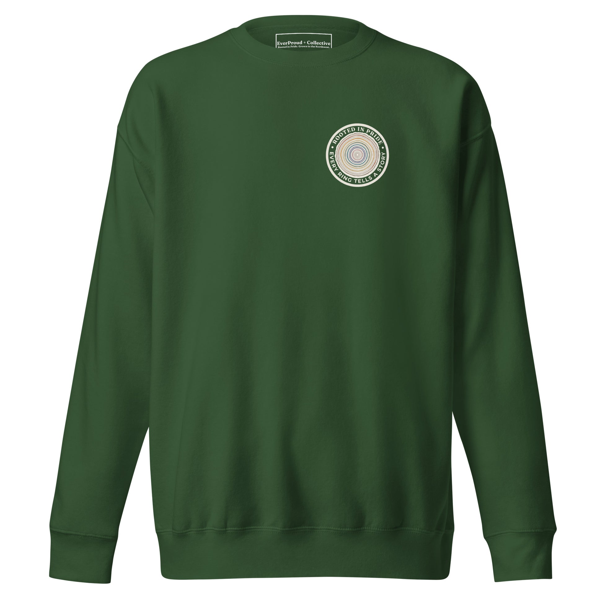 Quiet Rings Sweatshirt — forest green, front view, queer-owned PNW Pride apparel