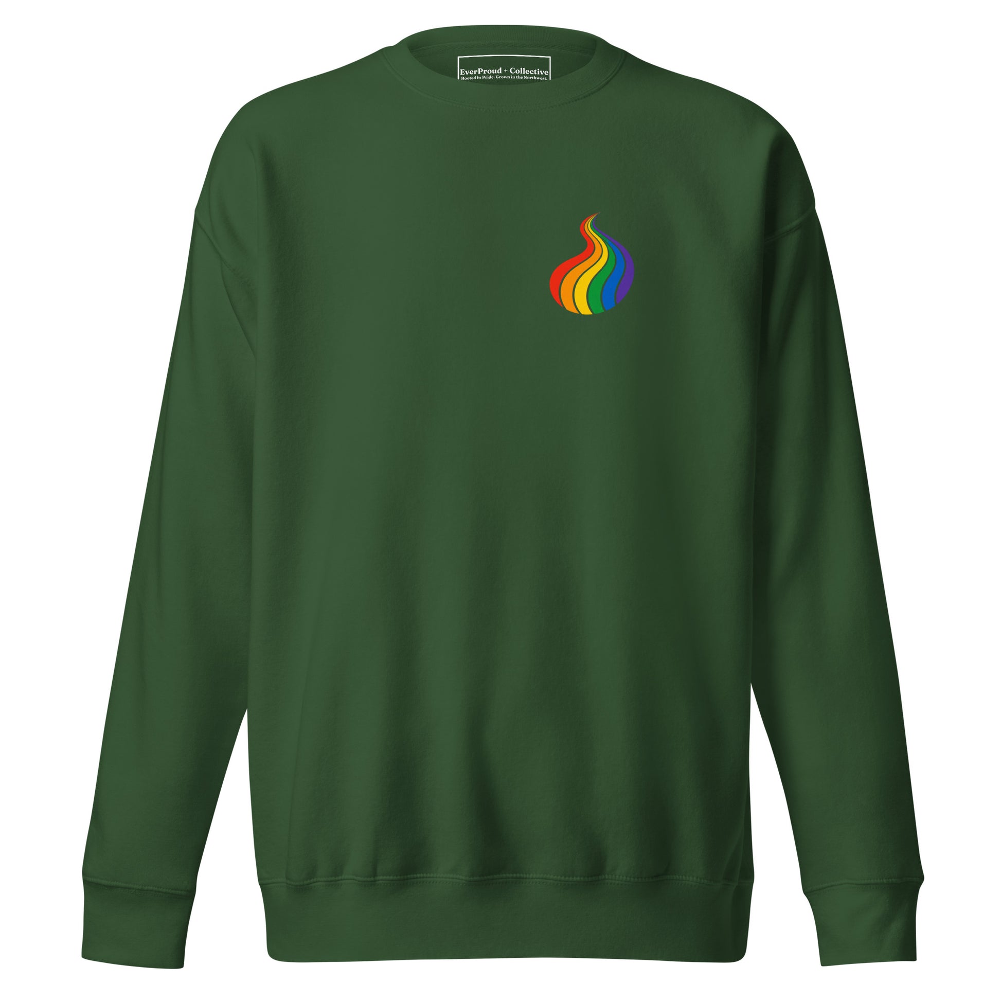 ProudPath Sweatshirt — forest green, front view, queer-owned PNW Pride apparel