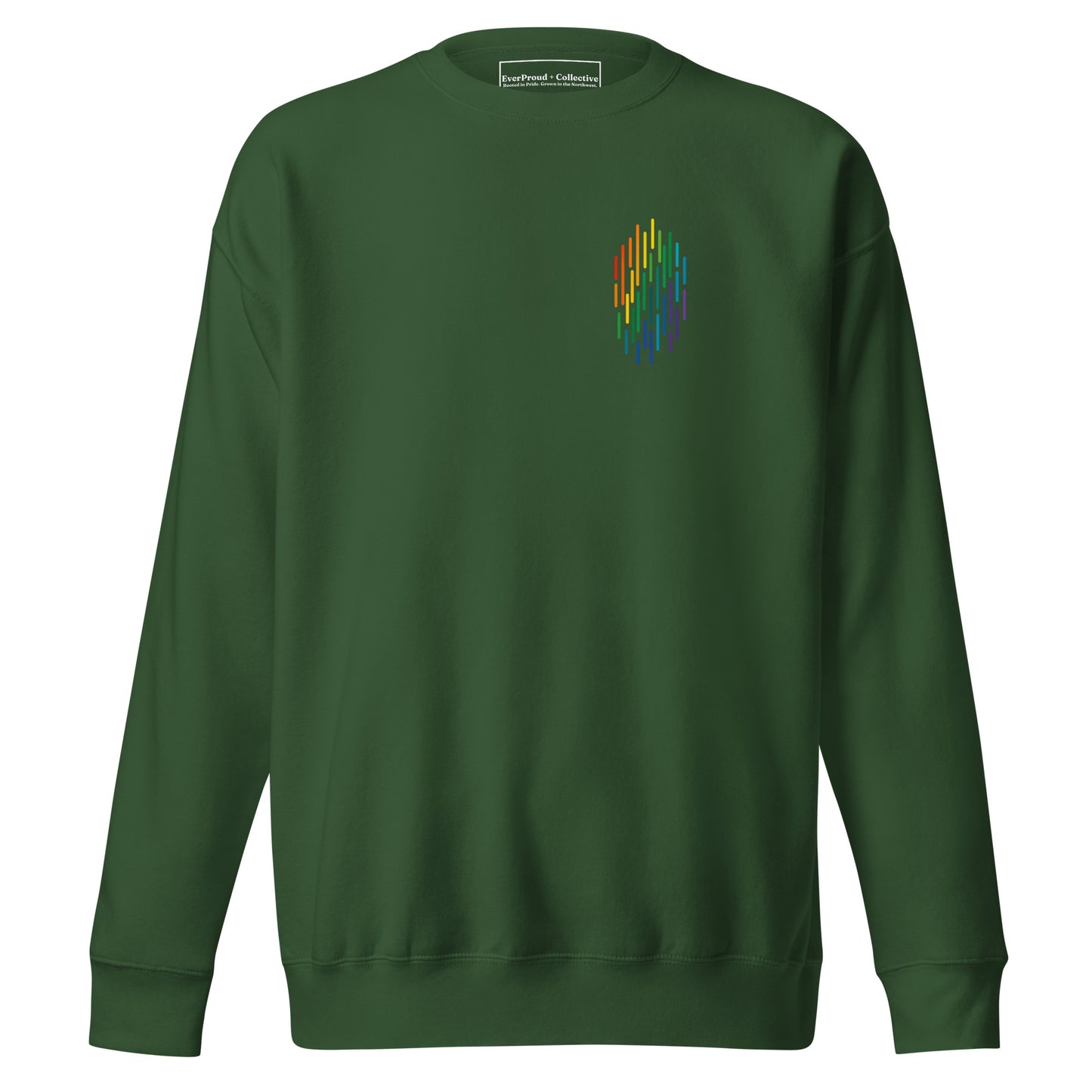 PrideFall Sweatshirt — forest green, front view, queer-owned PNW Pride apparel