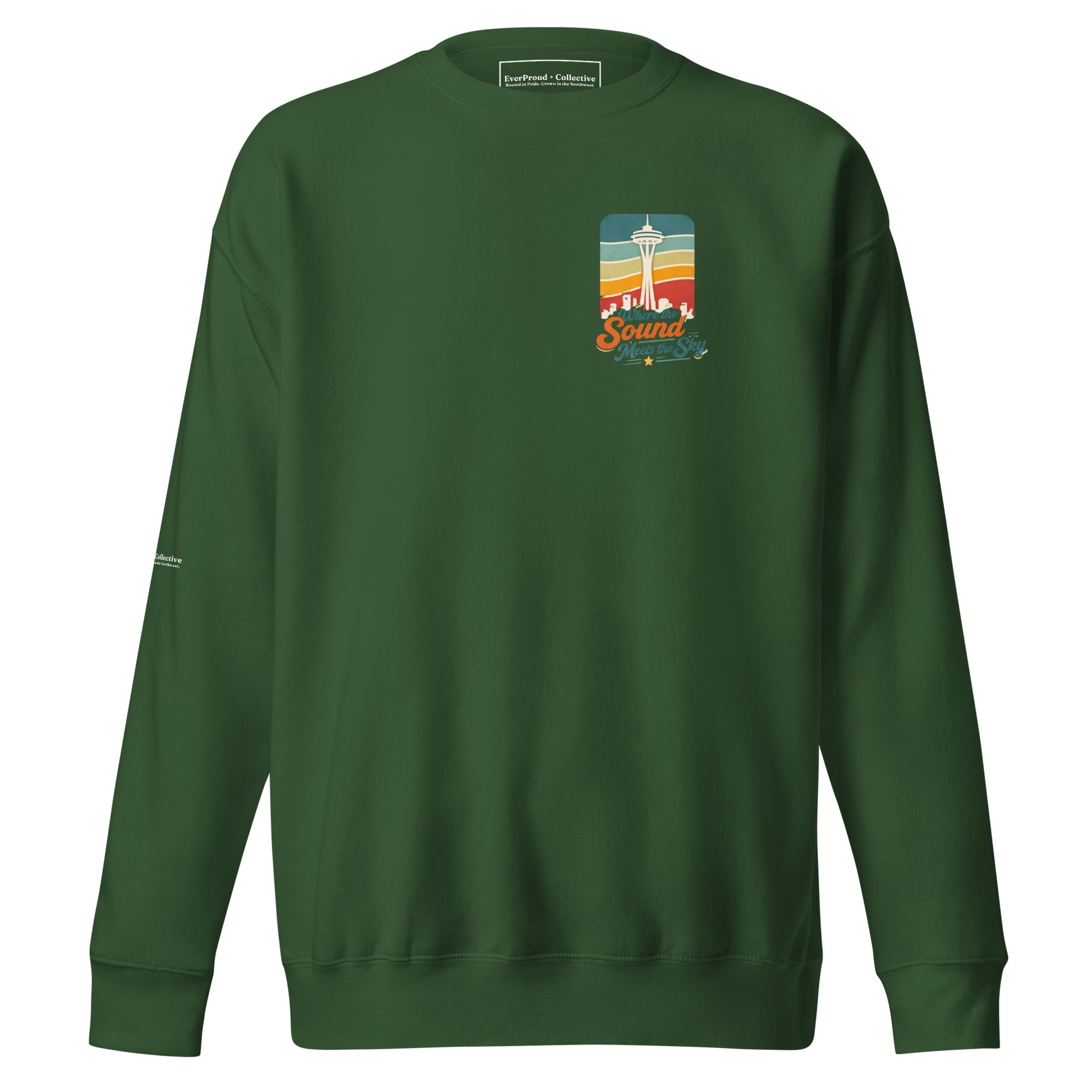 Where the Sound Meets the Sky Sweatshirt — forest green, front view, queer-owned PNW Pride apparel