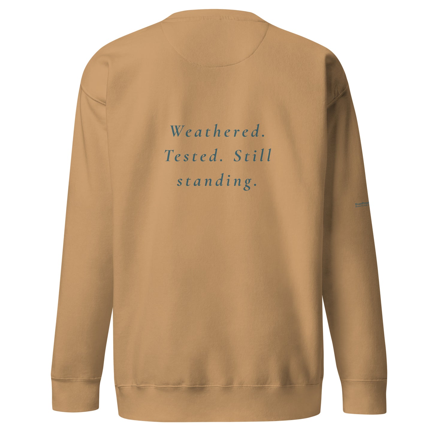 Endure Sweatshirt — khaki, back view, queer-owned PNW Pride apparel