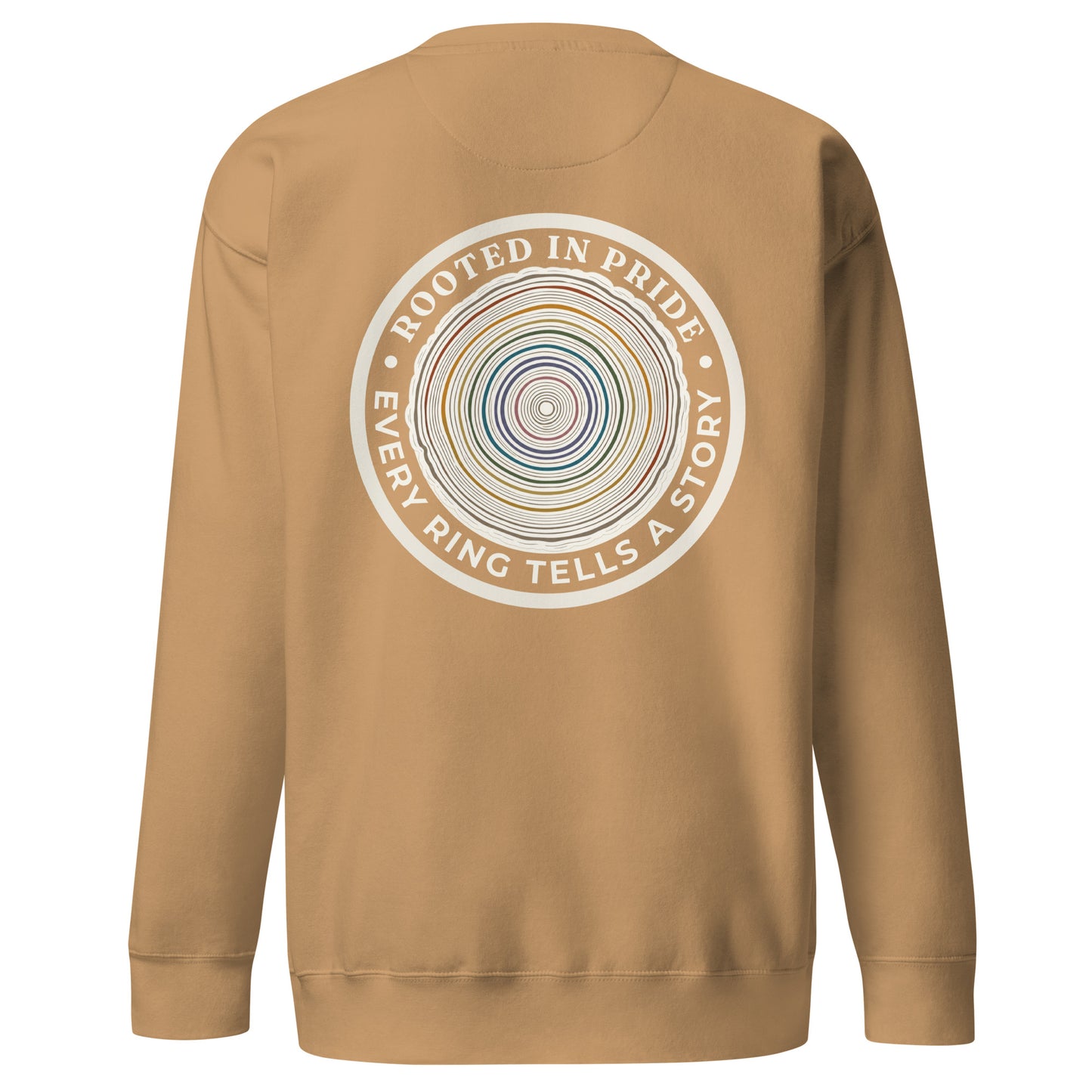 Quiet Rings Sweatshirt — khaki, back view, queer-owned PNW Pride apparel