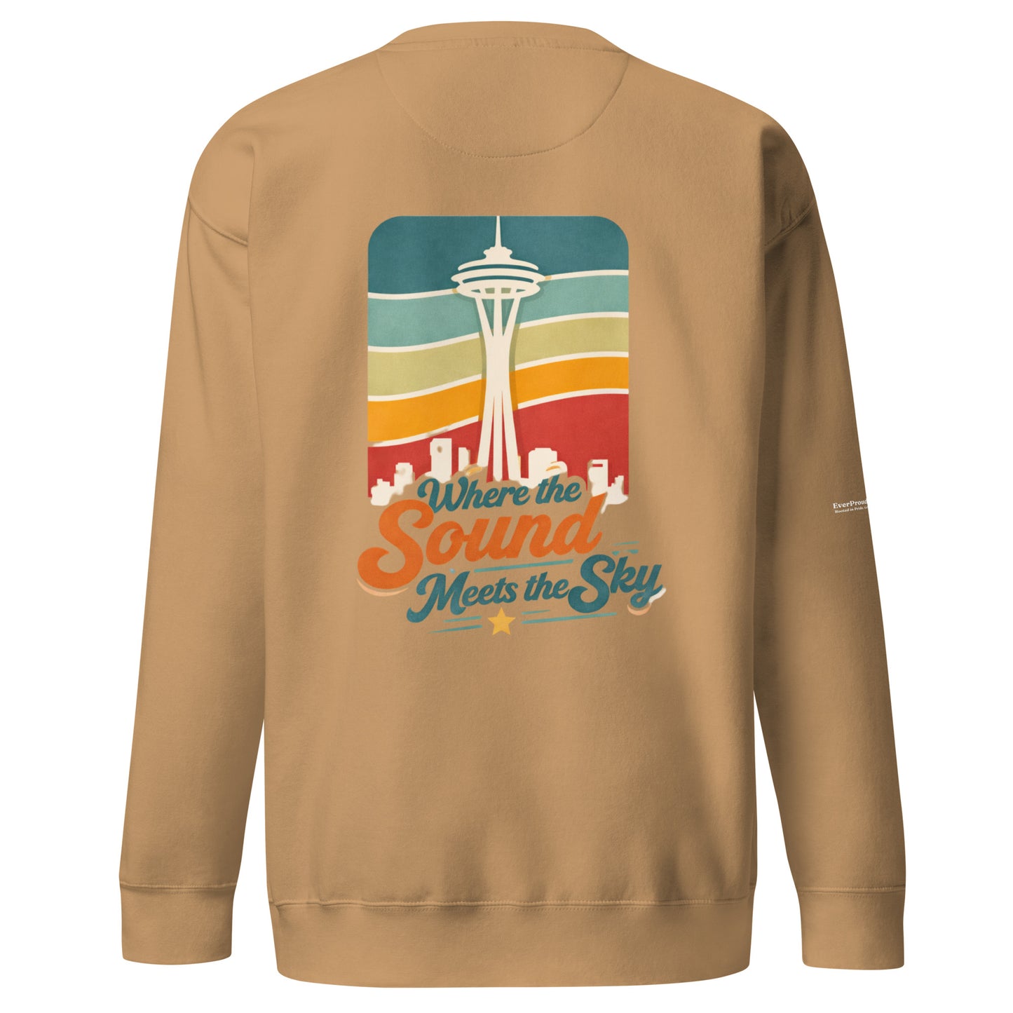 Where the Sound Meets the Sky Sweatshirt — khaki, back view, queer-owned PNW Pride apparel