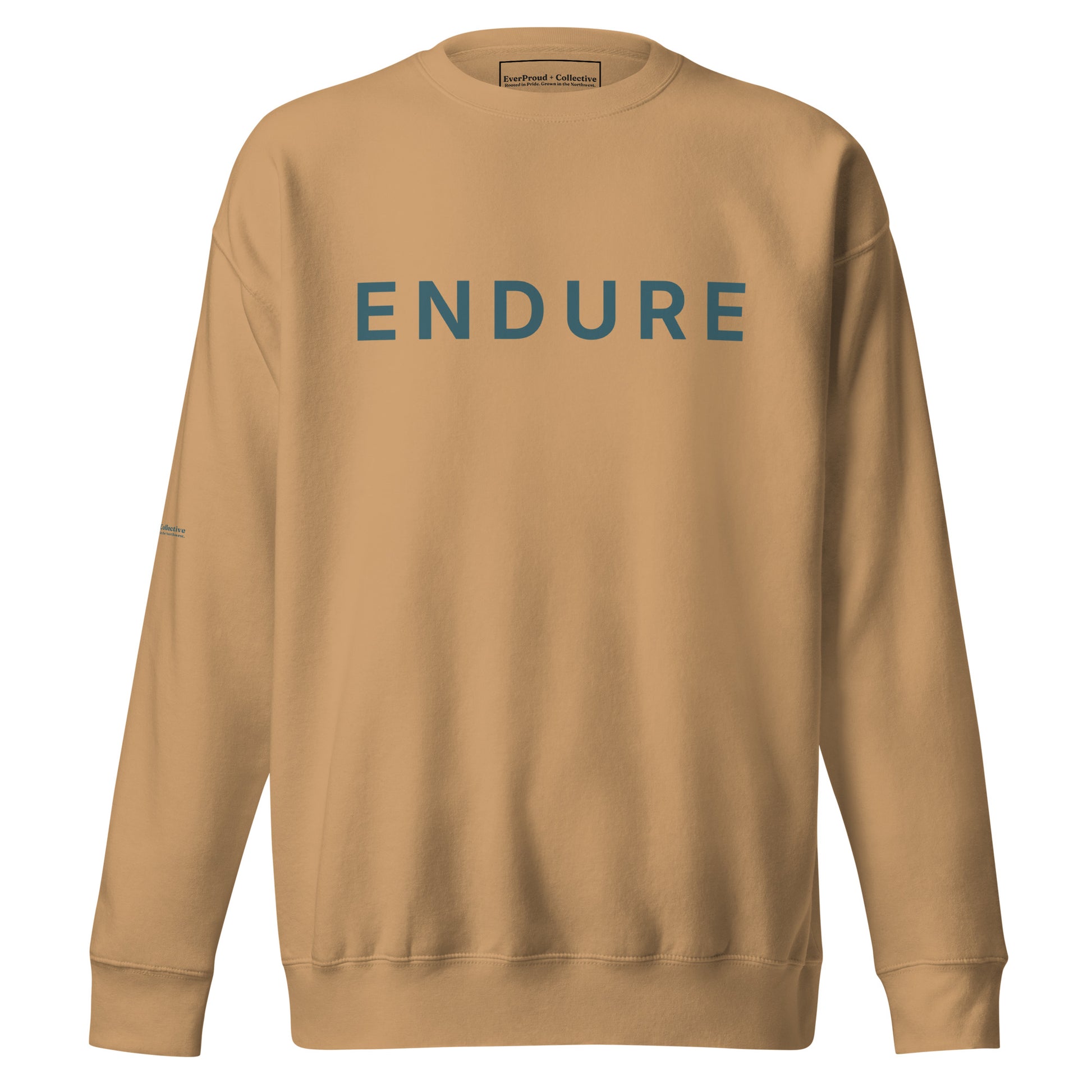 Endure Sweatshirt — khaki, front view, queer-owned PNW Pride apparel