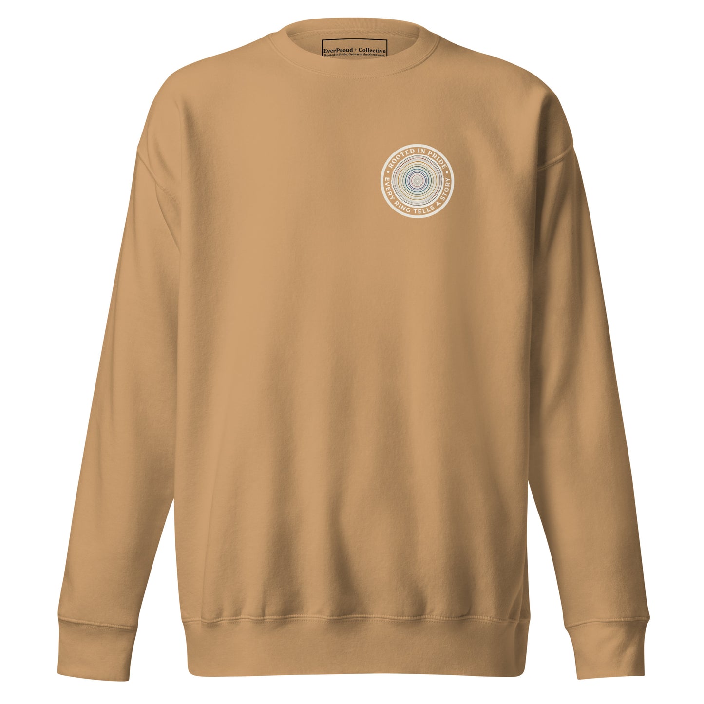 Quiet Rings Sweatshirt — khaki, front view, queer-owned PNW Pride apparel