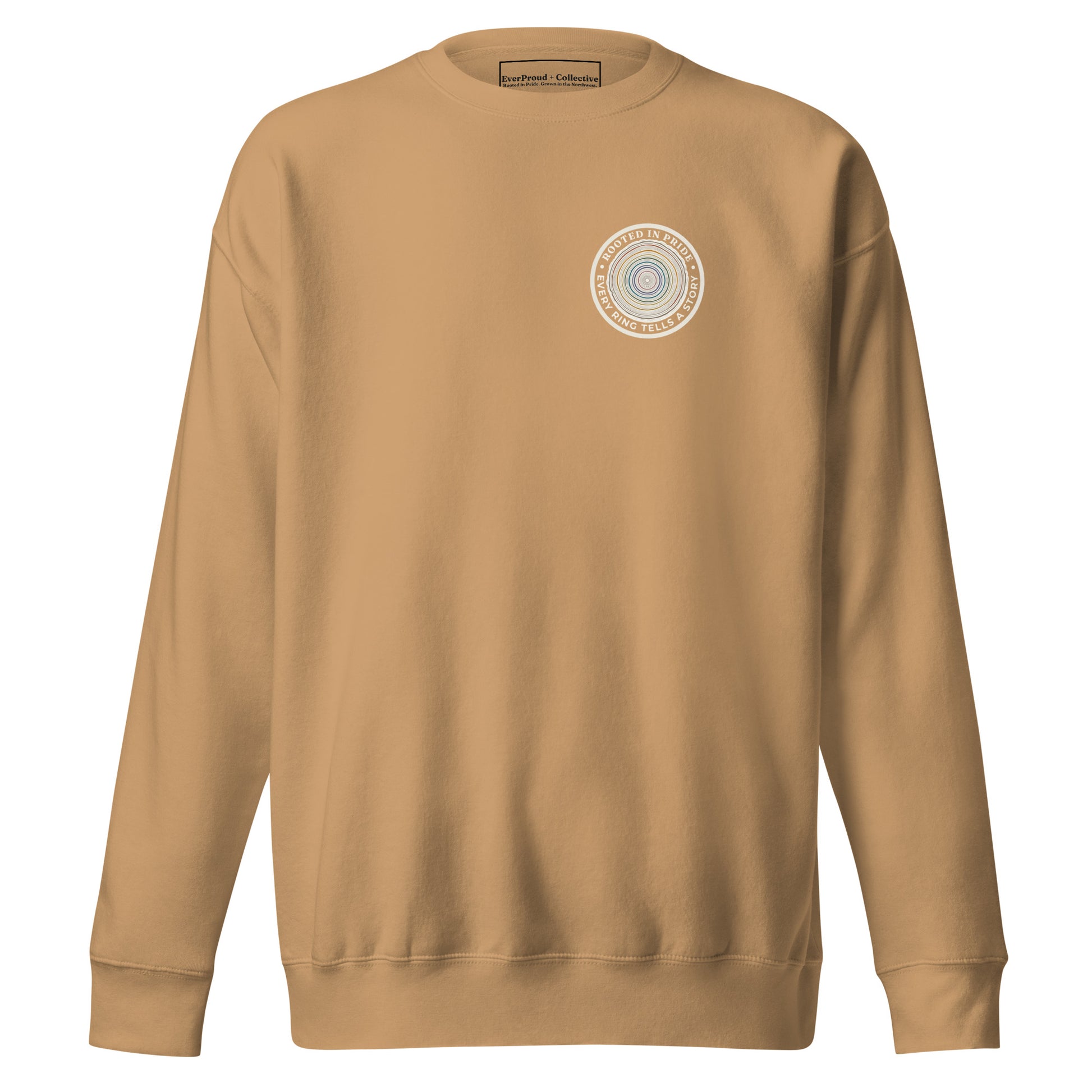 Quiet Rings Sweatshirt — khaki, front view, queer-owned PNW Pride apparel