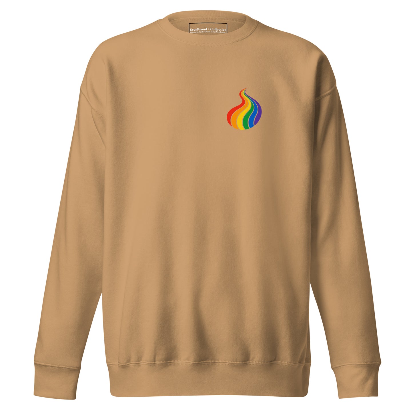 ProudPath Sweatshirt — khaki, front view, queer-owned PNW Pride apparel