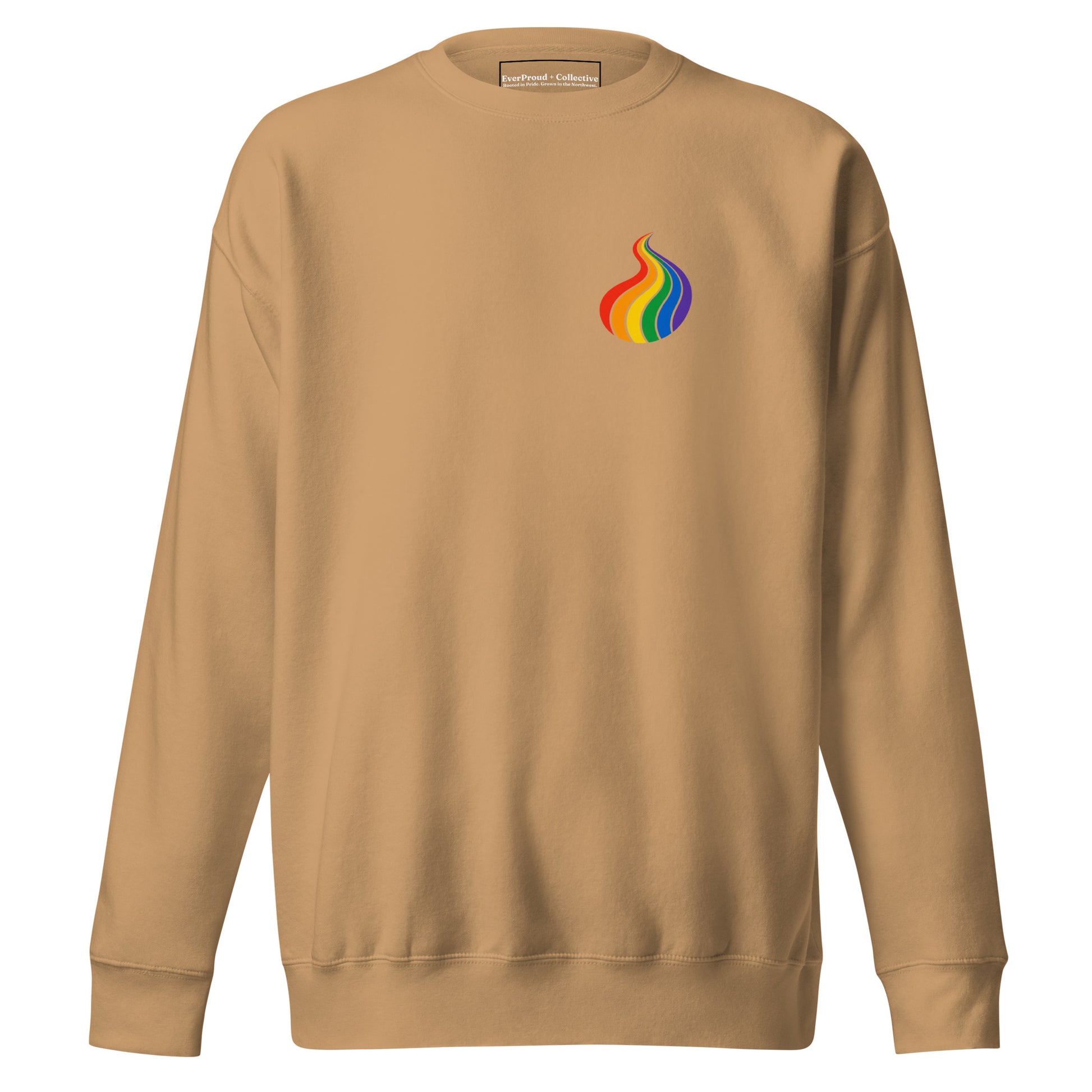 ProudPath Sweatshirt — khaki, front view, queer-owned PNW Pride apparel