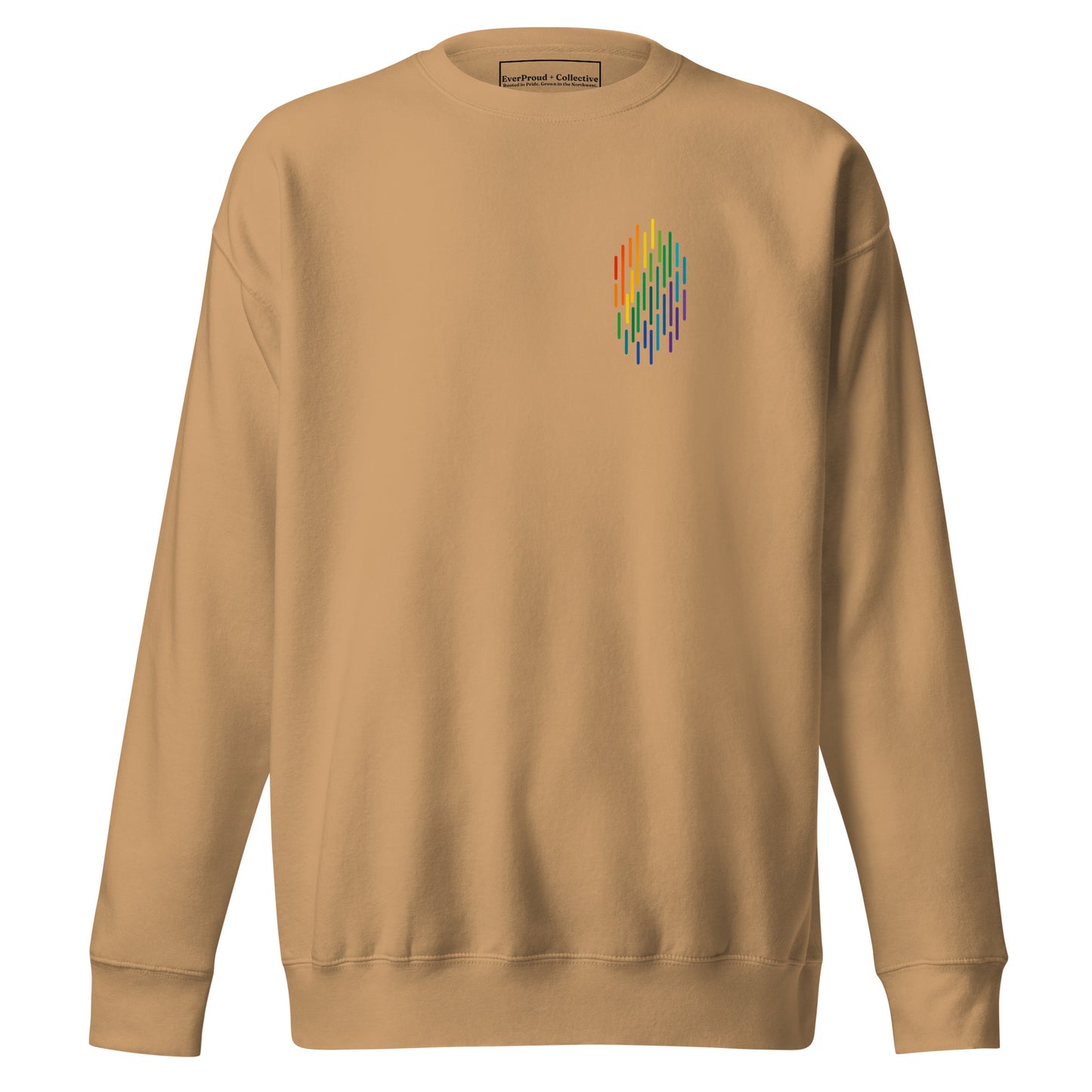 PrideFall Sweatshirt — khaki, front view, queer-owned PNW Pride apparel