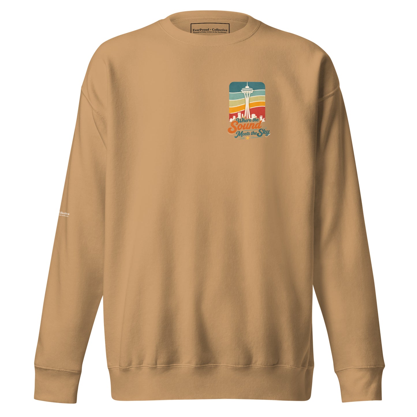 Where the Sound Meets the Sky Sweatshirt — khaki, front view, queer-owned PNW Pride apparel