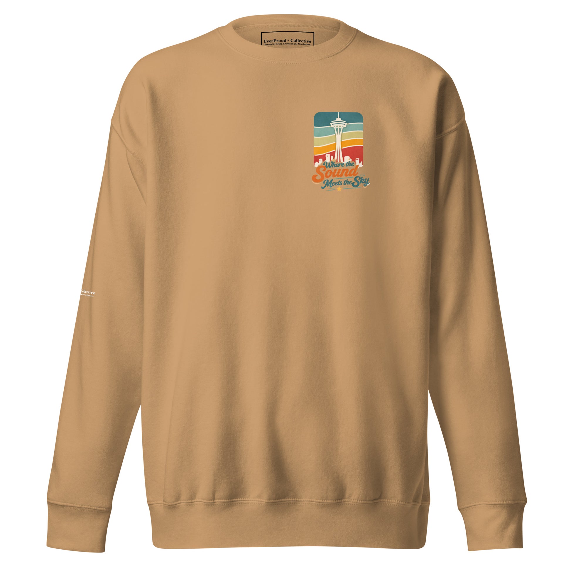 Where the Sound Meets the Sky Sweatshirt — khaki, front view, queer-owned PNW Pride apparel