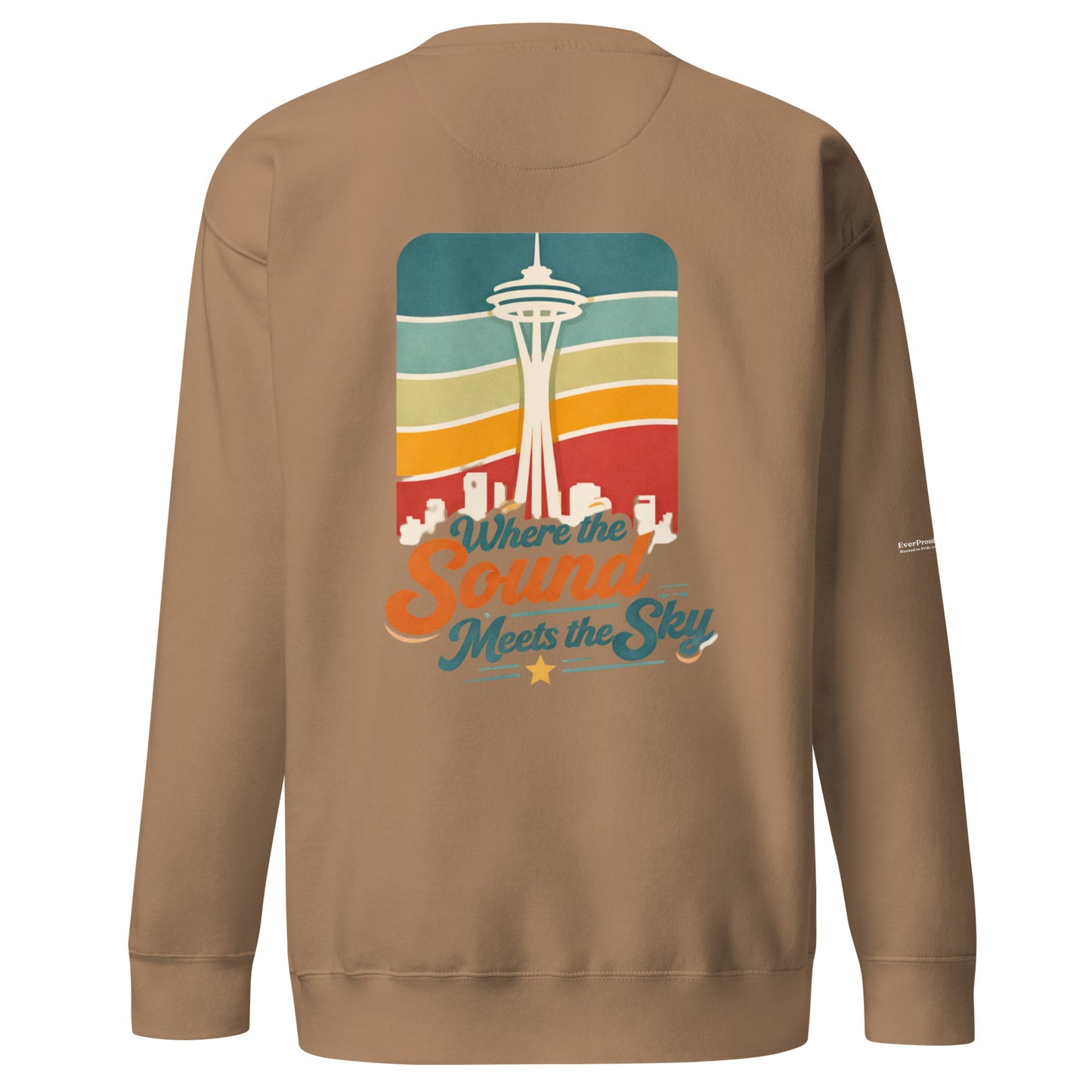 Where the Sound Meets the Sky Sweatshirt — latte, back view, queer-owned PNW Pride apparel