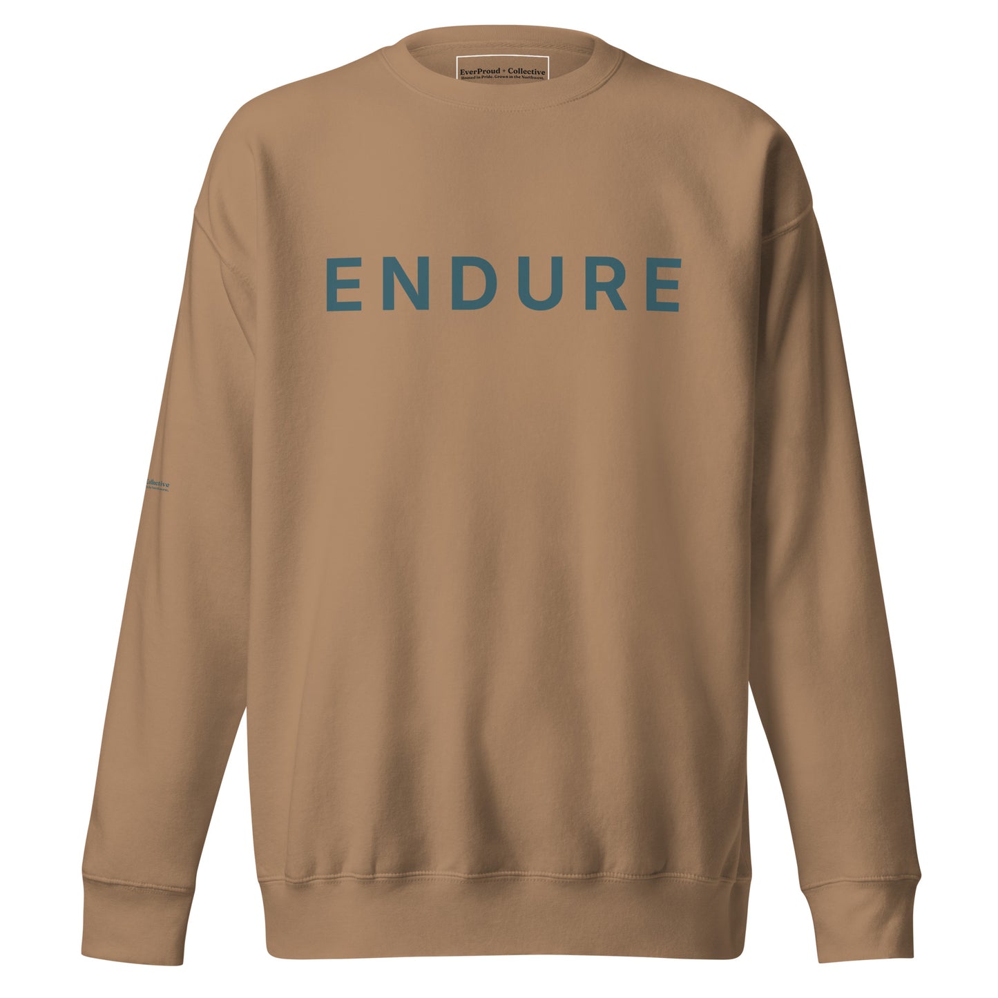 Endure Sweatshirt — latte, front view, queer-owned PNW Pride apparel