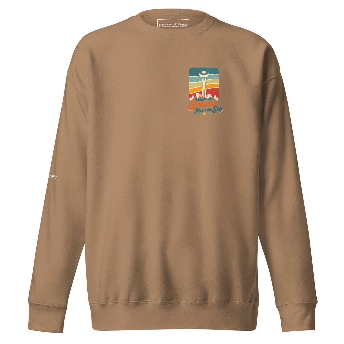 Where the Sound Meets the Sky Sweatshirt — latte, front view, queer-owned PNW Pride apparel