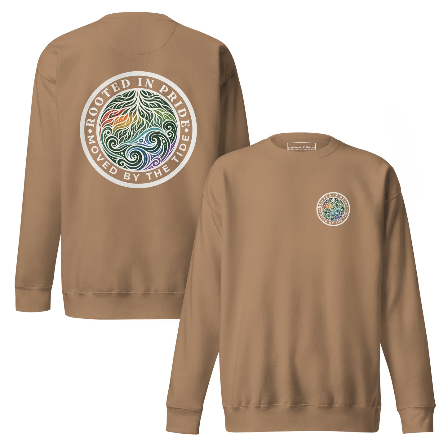 Moved by the Tide Sweatshirt — latte, front and back view, queer-owned PNW Pride apparel