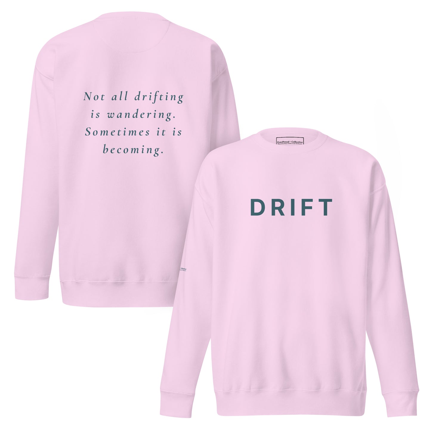Drift Sweatshirt — lavender, front and back view, queer-owned PNW Pride apparel
