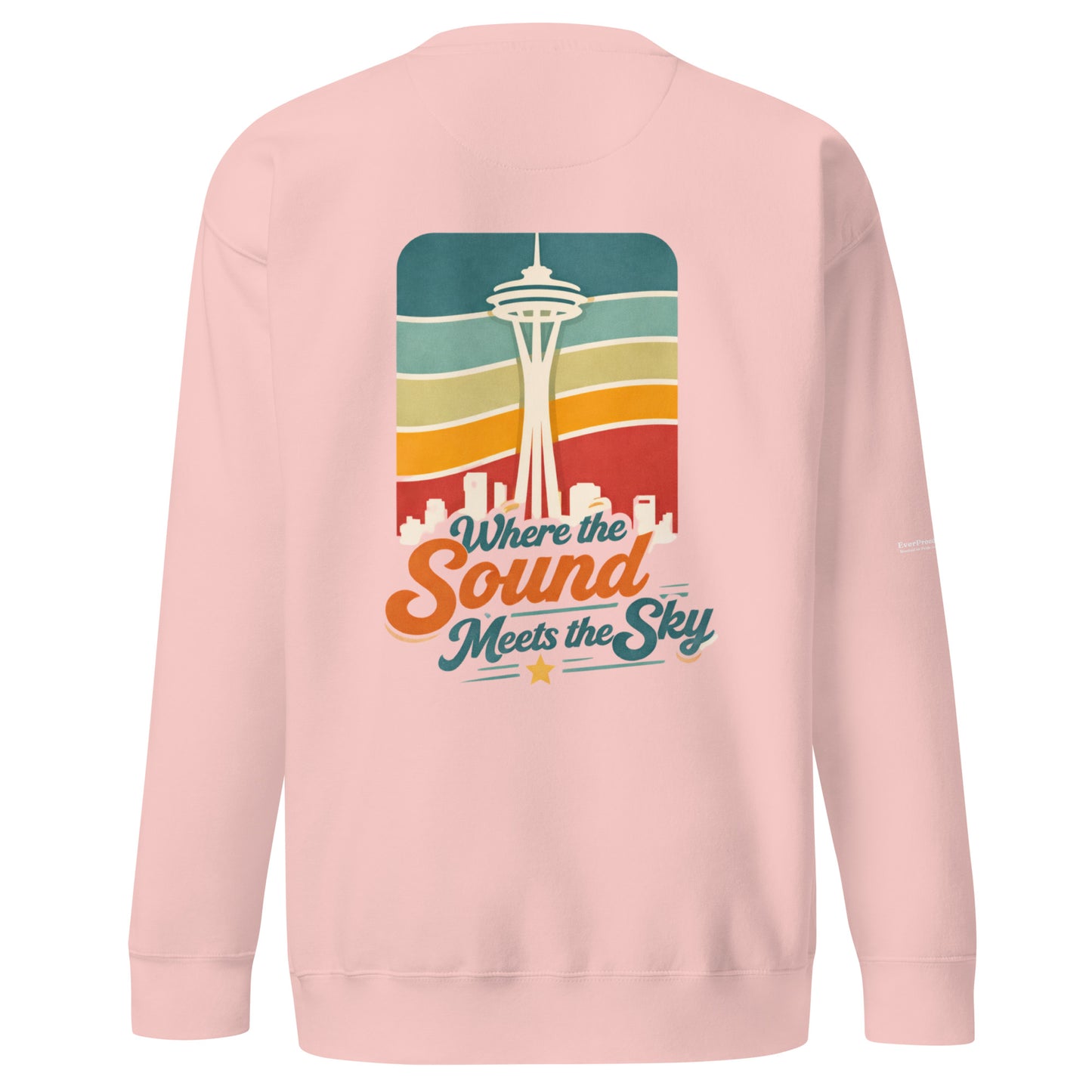 Where the Sound Meets the Sky Sweatshirt — light pink, back view, queer-owned PNW Pride apparel