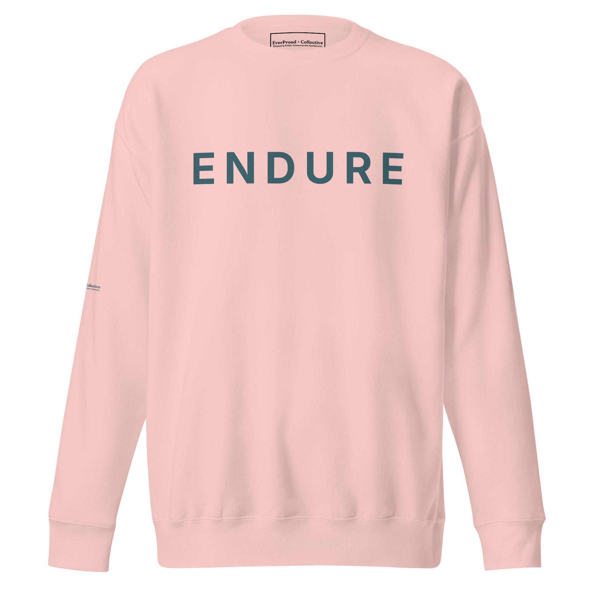 Endure Sweatshirt — light pink, front view, queer-owned PNW Pride apparel