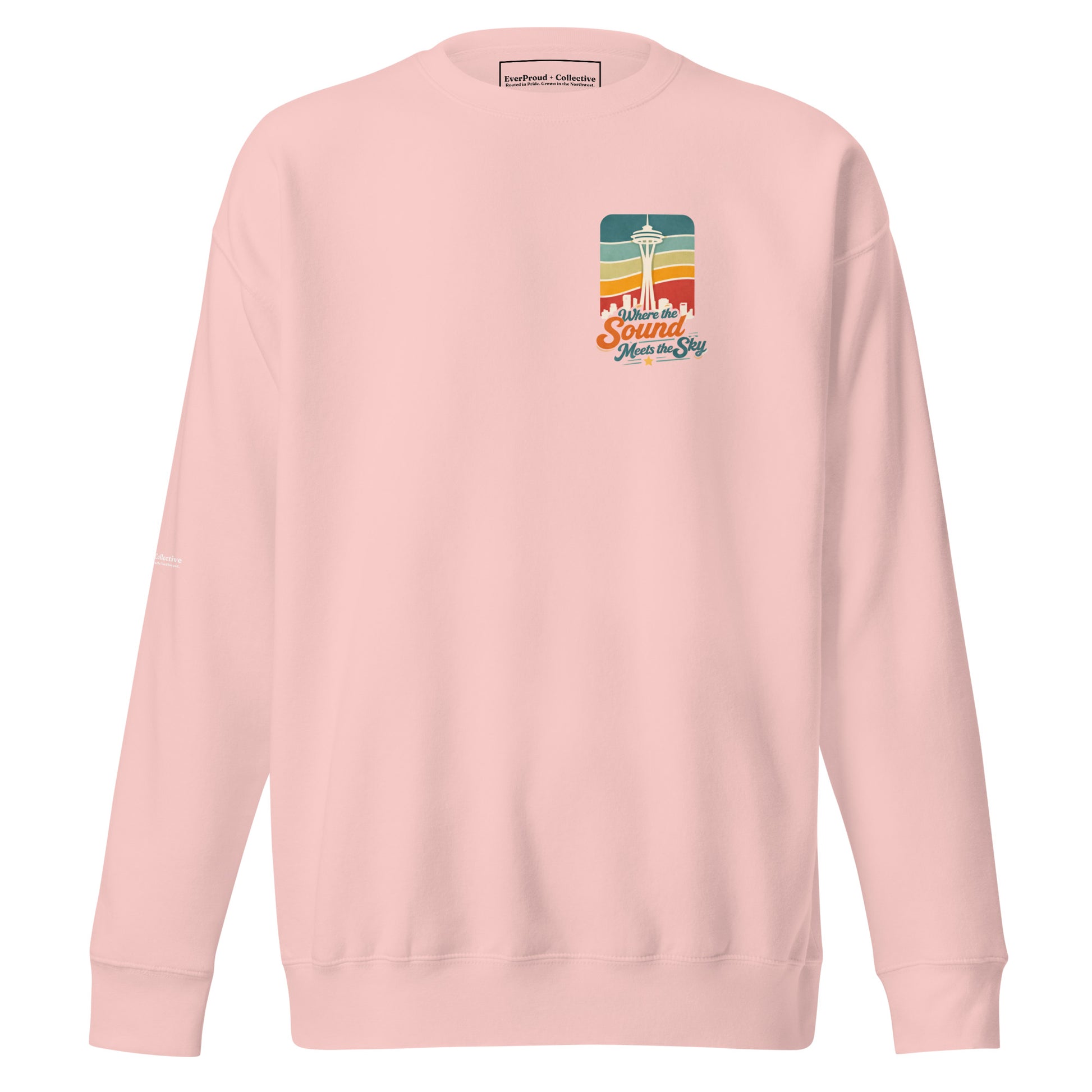 Where the Sound Meets the Sky Sweatshirt — light pink, front view, queer-owned PNW Pride apparel