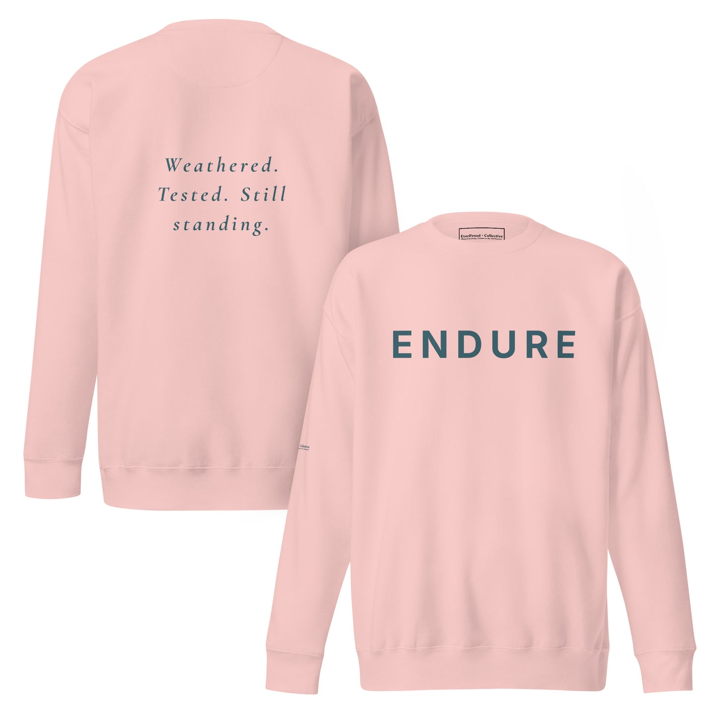 Endure Sweatshirt — light pink, front and back view, queer-owned PNW Pride apparel