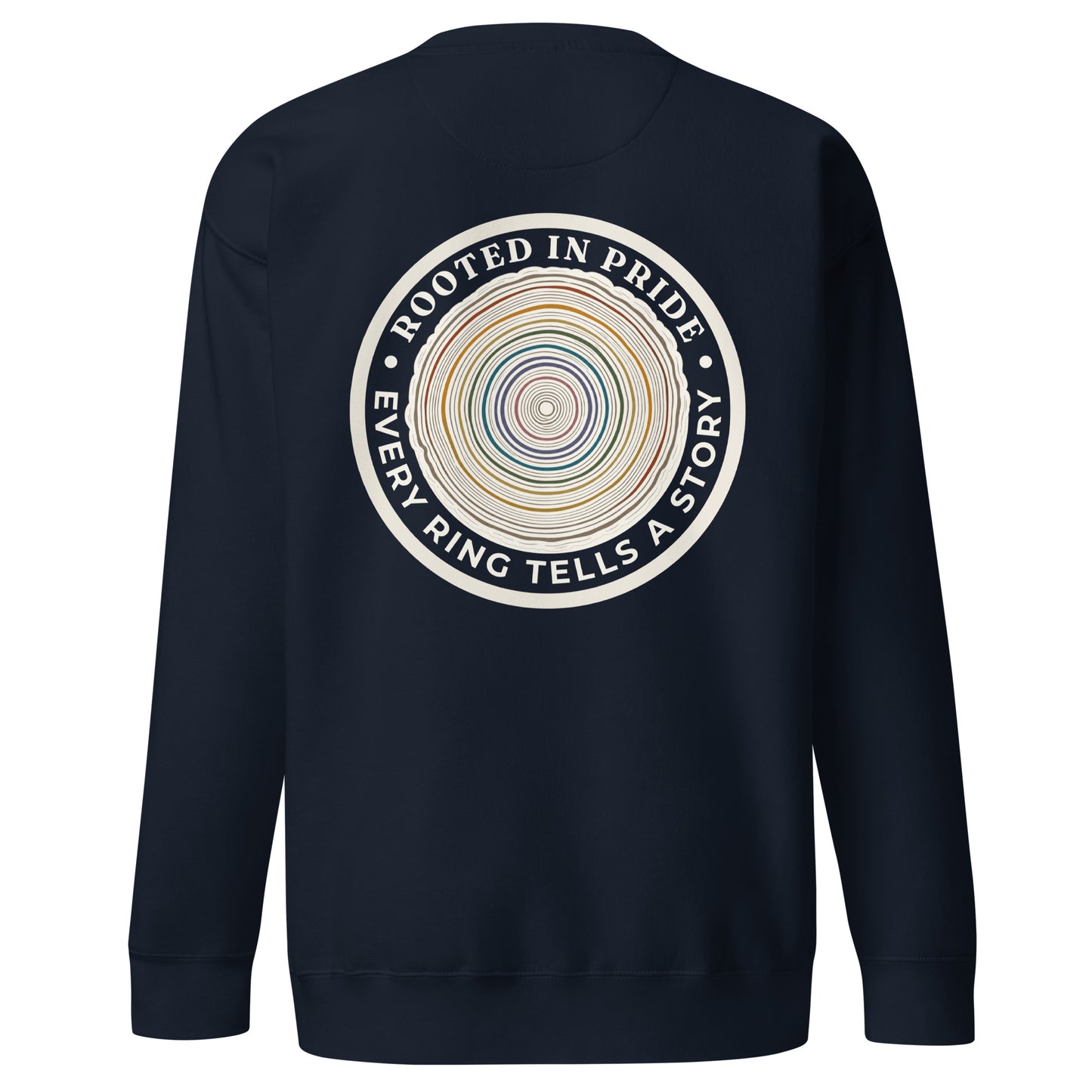 Quiet Rings Sweatshirt — navy blazer, back view, queer-owned PNW Pride apparel