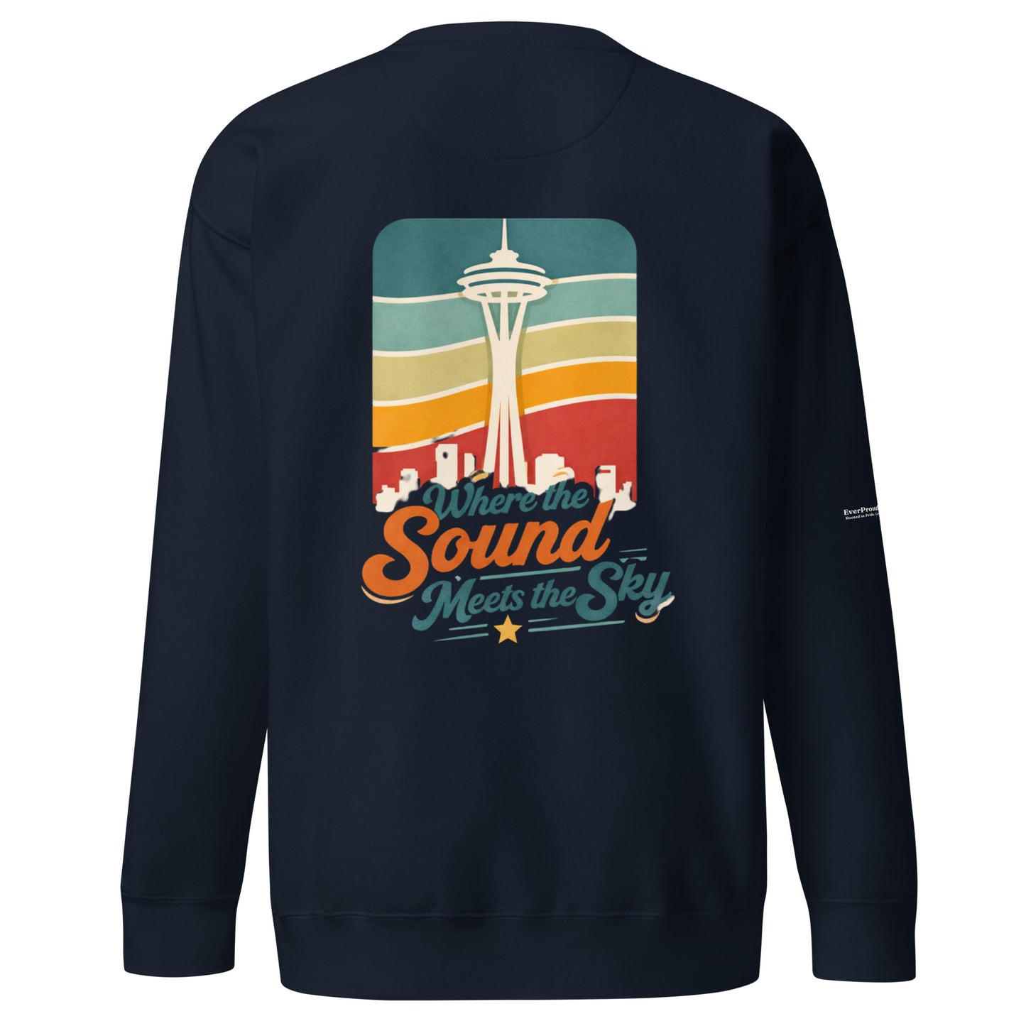 Where the Sound Meets the Sky Sweatshirt — navy blazer, back view, queer-owned PNW Pride apparel