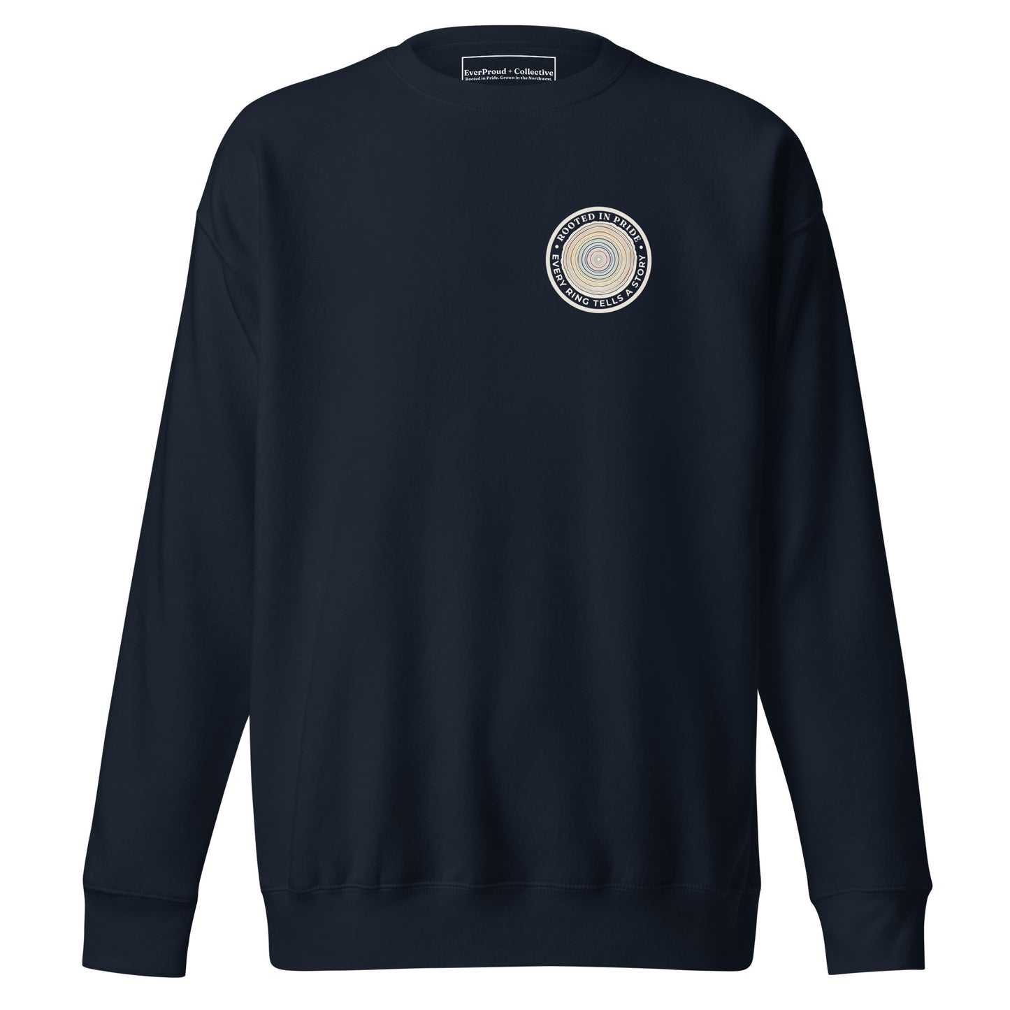 Quiet Rings Sweatshirt — navy blazer, front view, queer-owned PNW Pride apparel