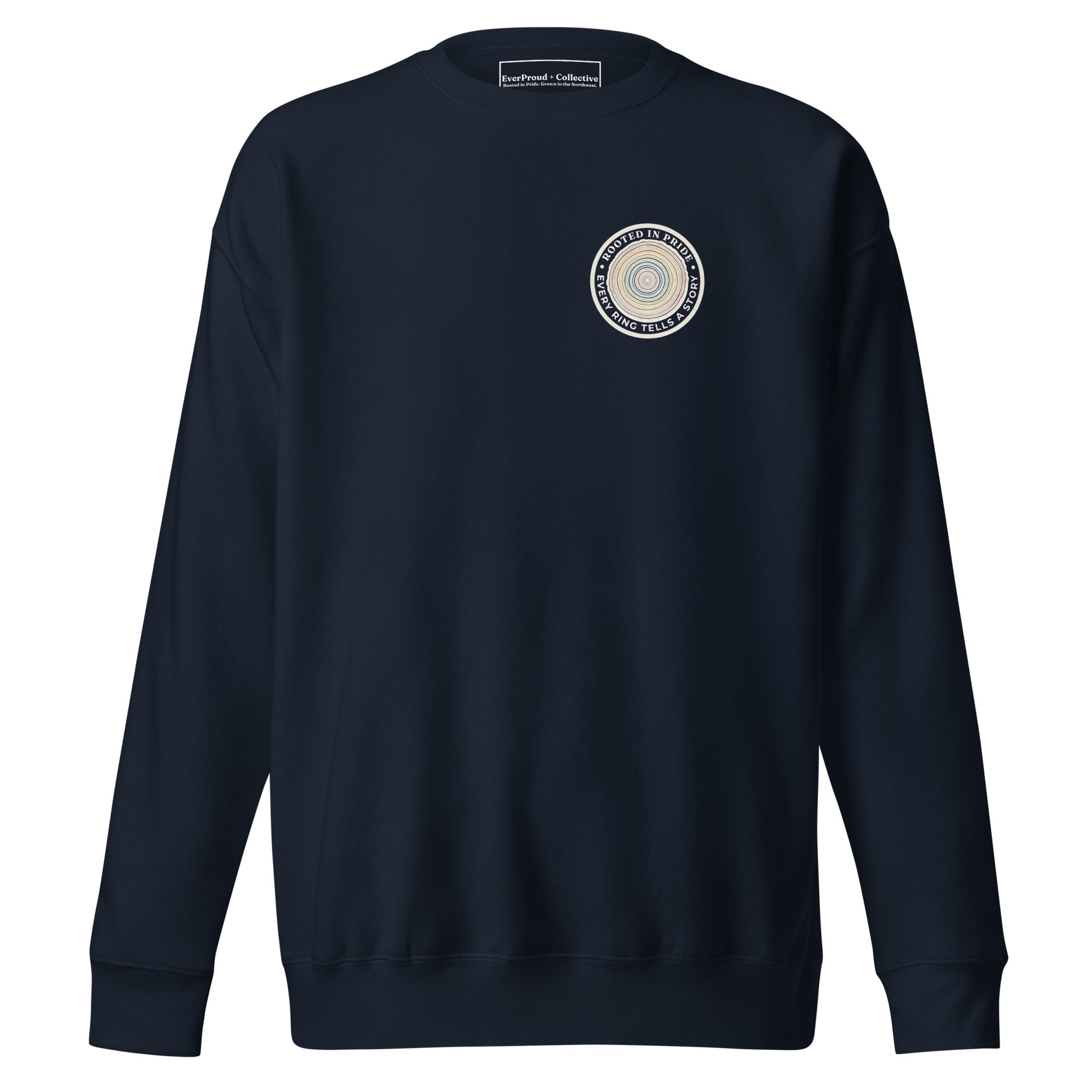 Quiet Rings Sweatshirt — navy blazer, front view, queer-owned PNW Pride apparel