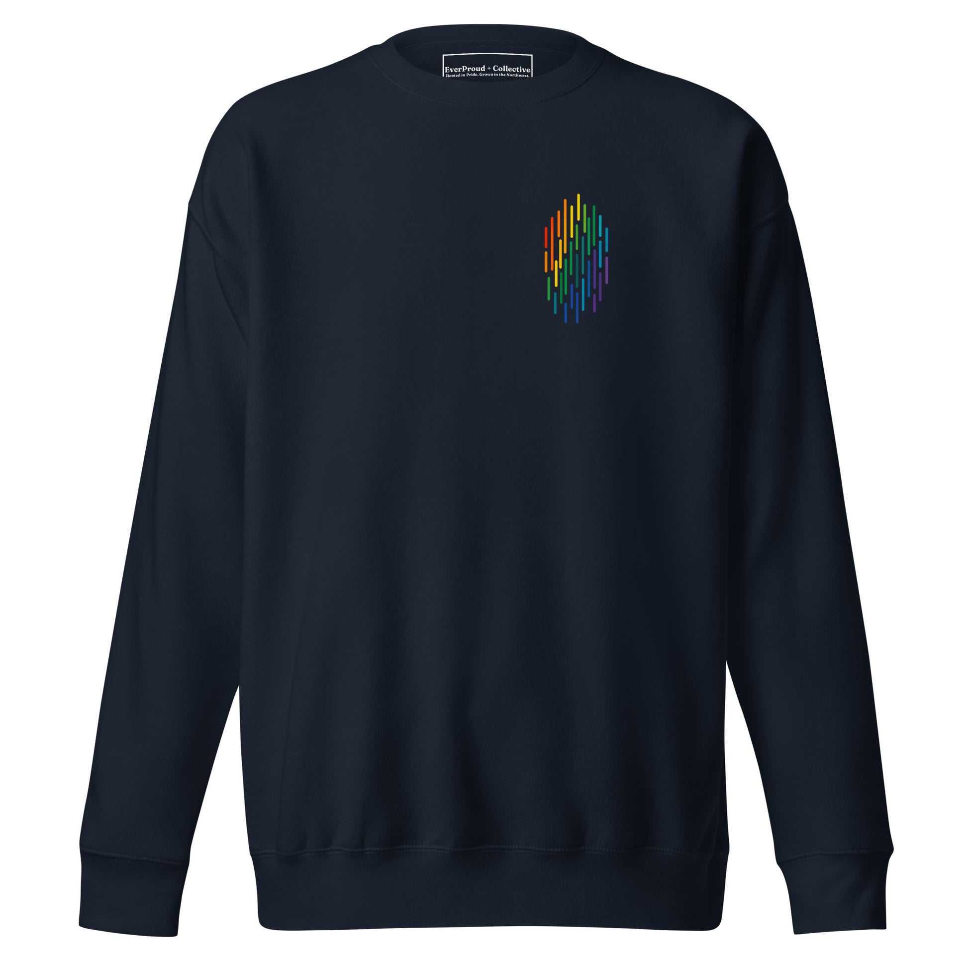 PrideFall Sweatshirt — navy blazer, front view, queer-owned PNW Pride apparel