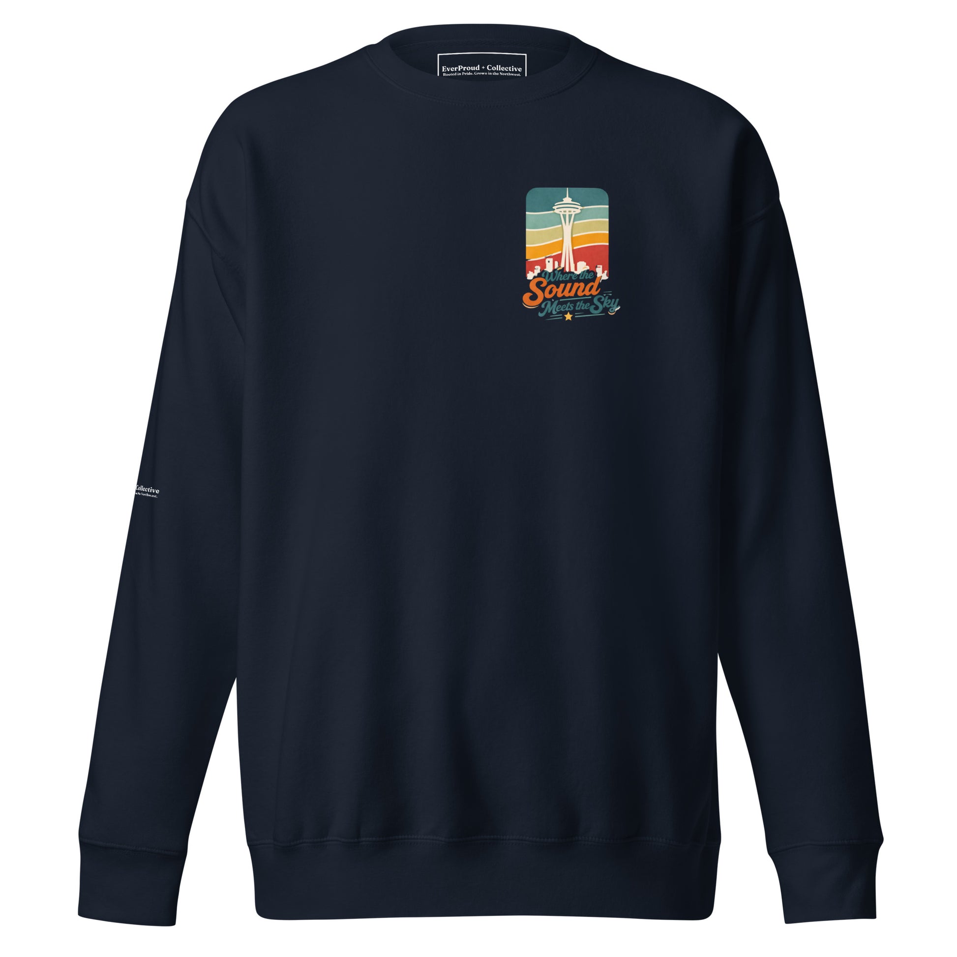 Where the Sound Meets the Sky Sweatshirt — navy blazer, front view, queer-owned PNW Pride apparel