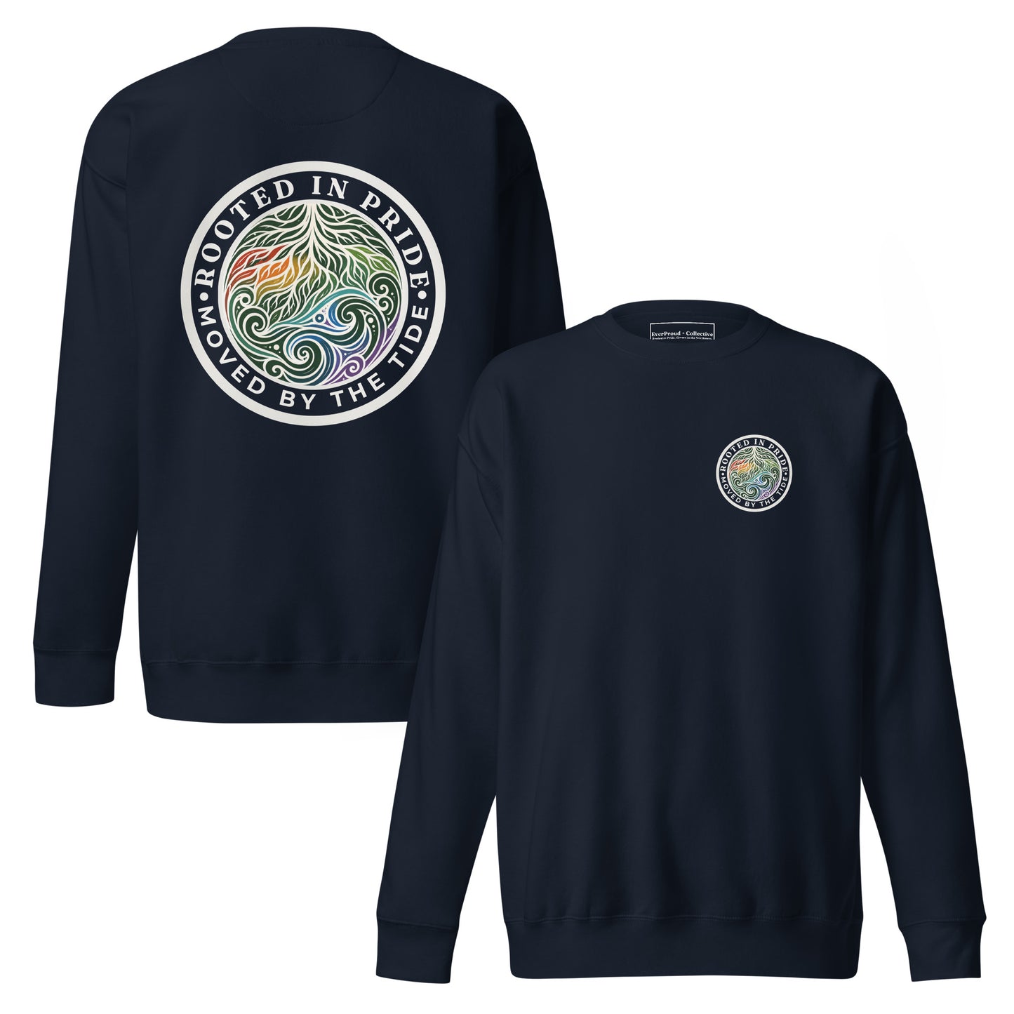 Moved by the Tide Sweatshirt — navy blazer, front and back view, queer-owned PNW Pride apparel