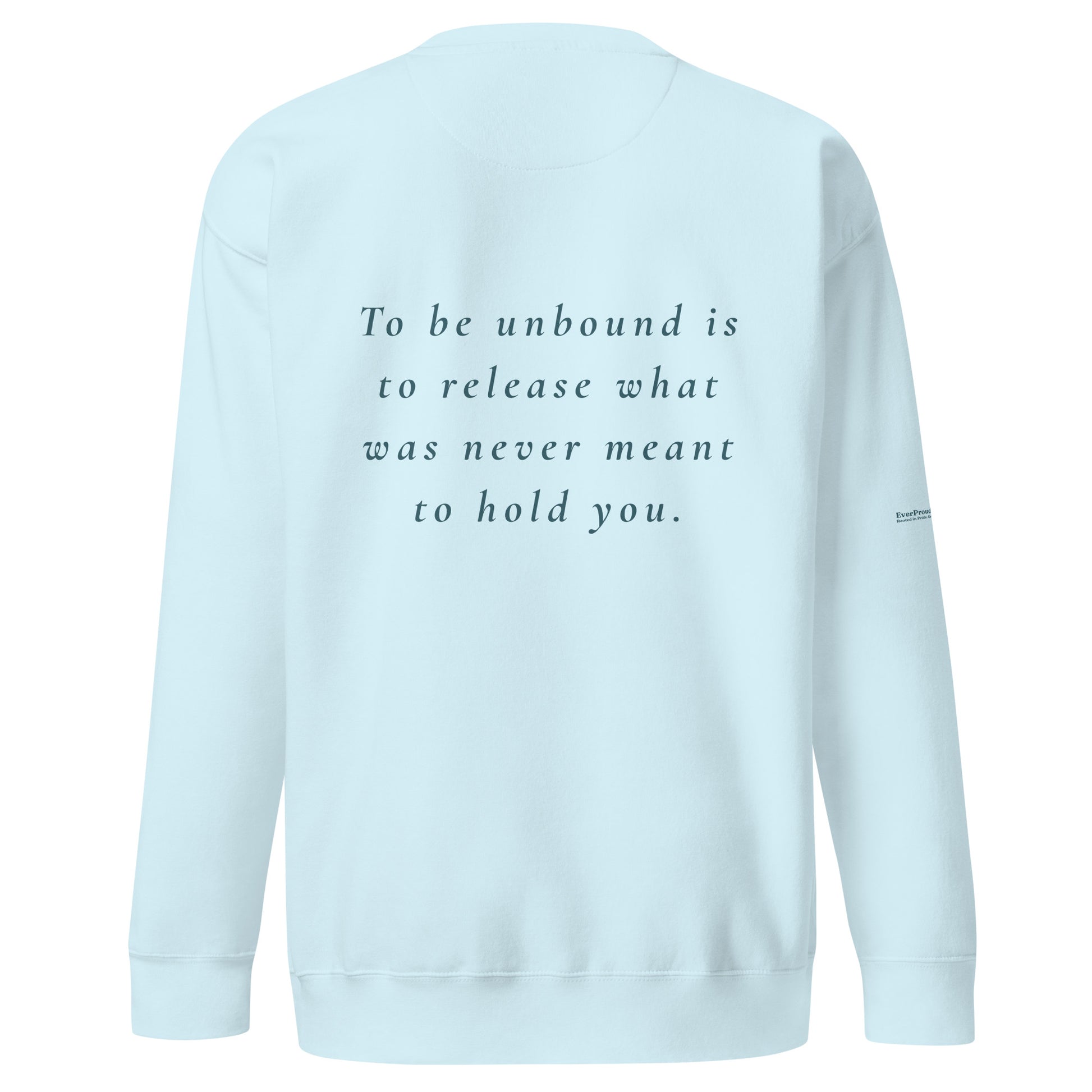 Unbound Sweatshirt — sky blue, back view, queer-owned PNW Pride apparel