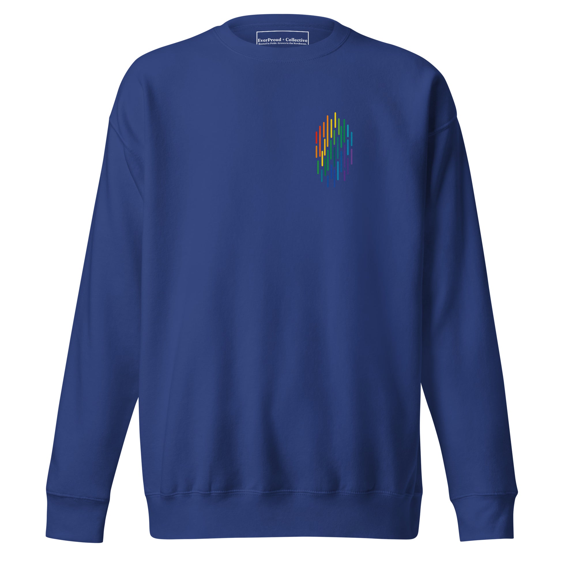 PrideFall Sweatshirt — team royal, front view, queer-owned PNW Pride apparel
