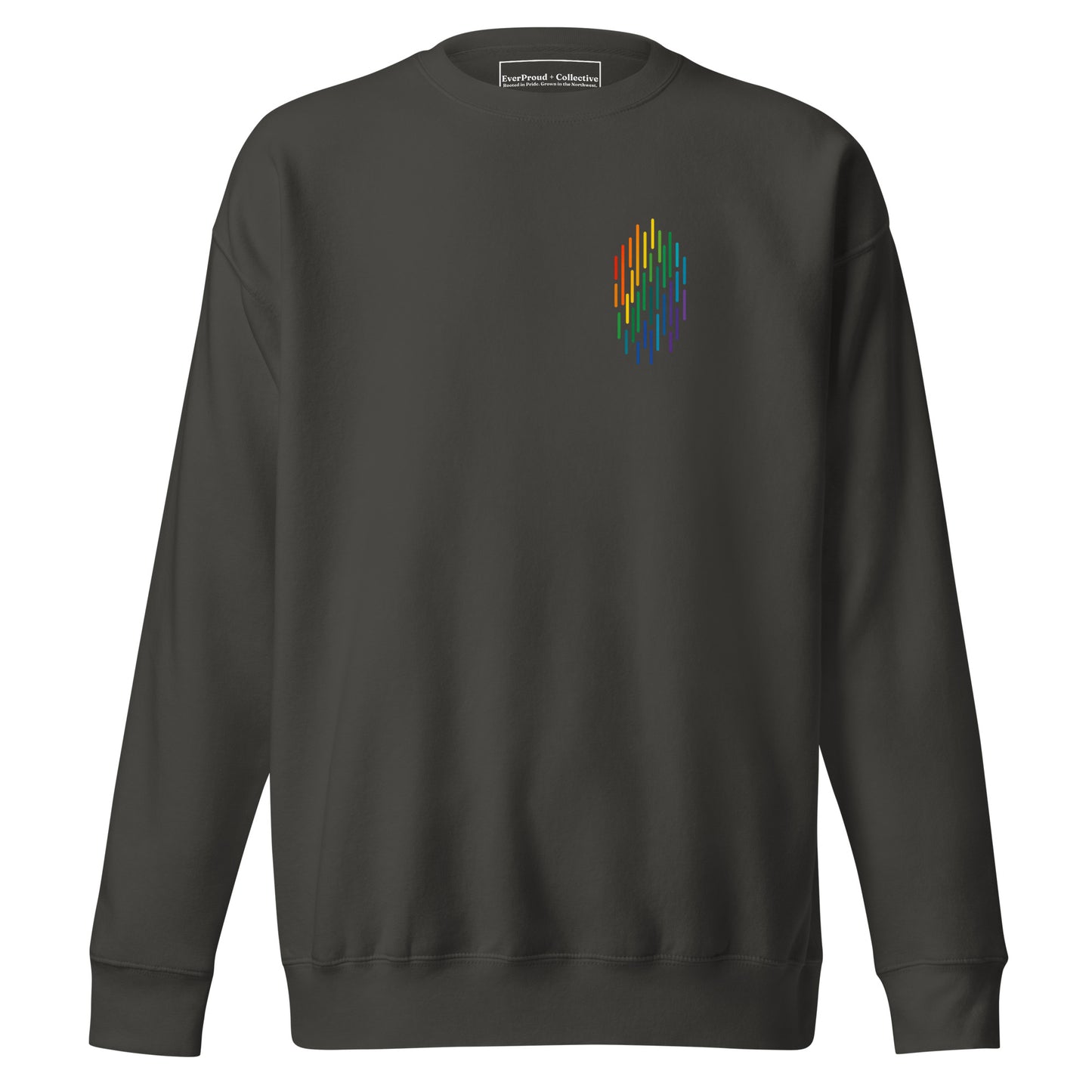 PrideFall Sweatshirt — vintage black, front view, queer-owned PNW Pride apparel