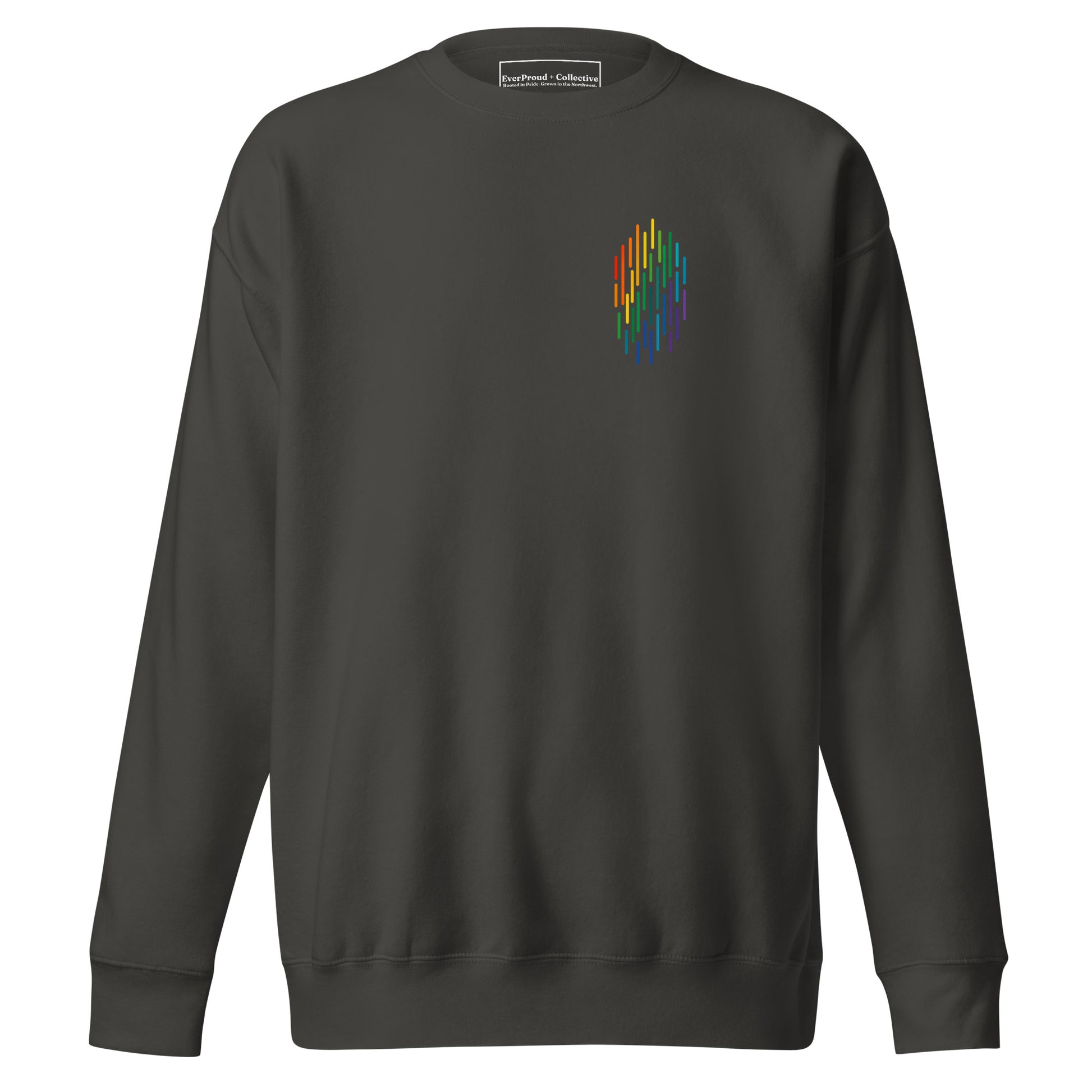 PrideFall Sweatshirt — vintage black, front view, queer-owned PNW Pride apparel