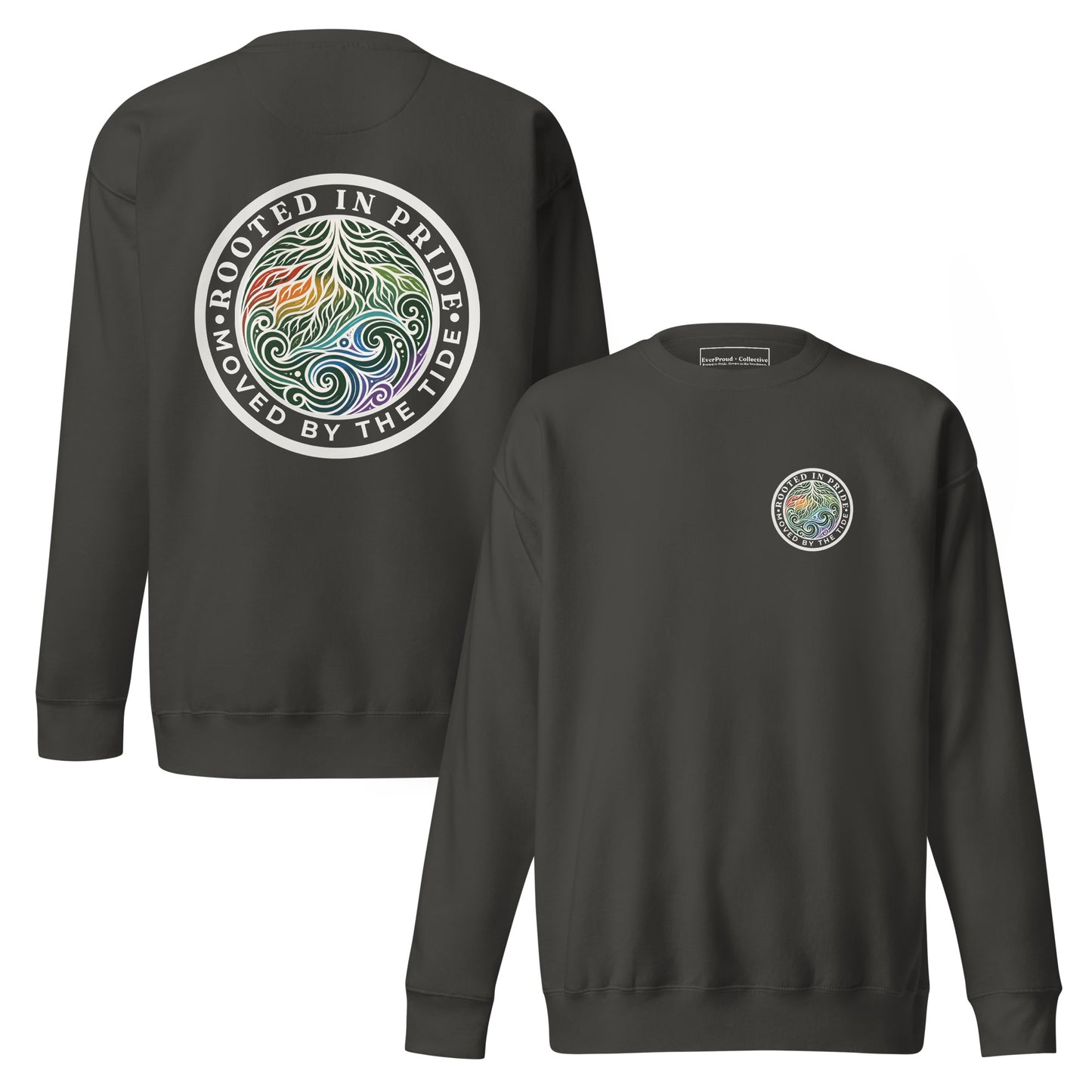 Moved by the Tide Sweatshirt — vintage black, front and back view, queer-owned PNW Pride apparel