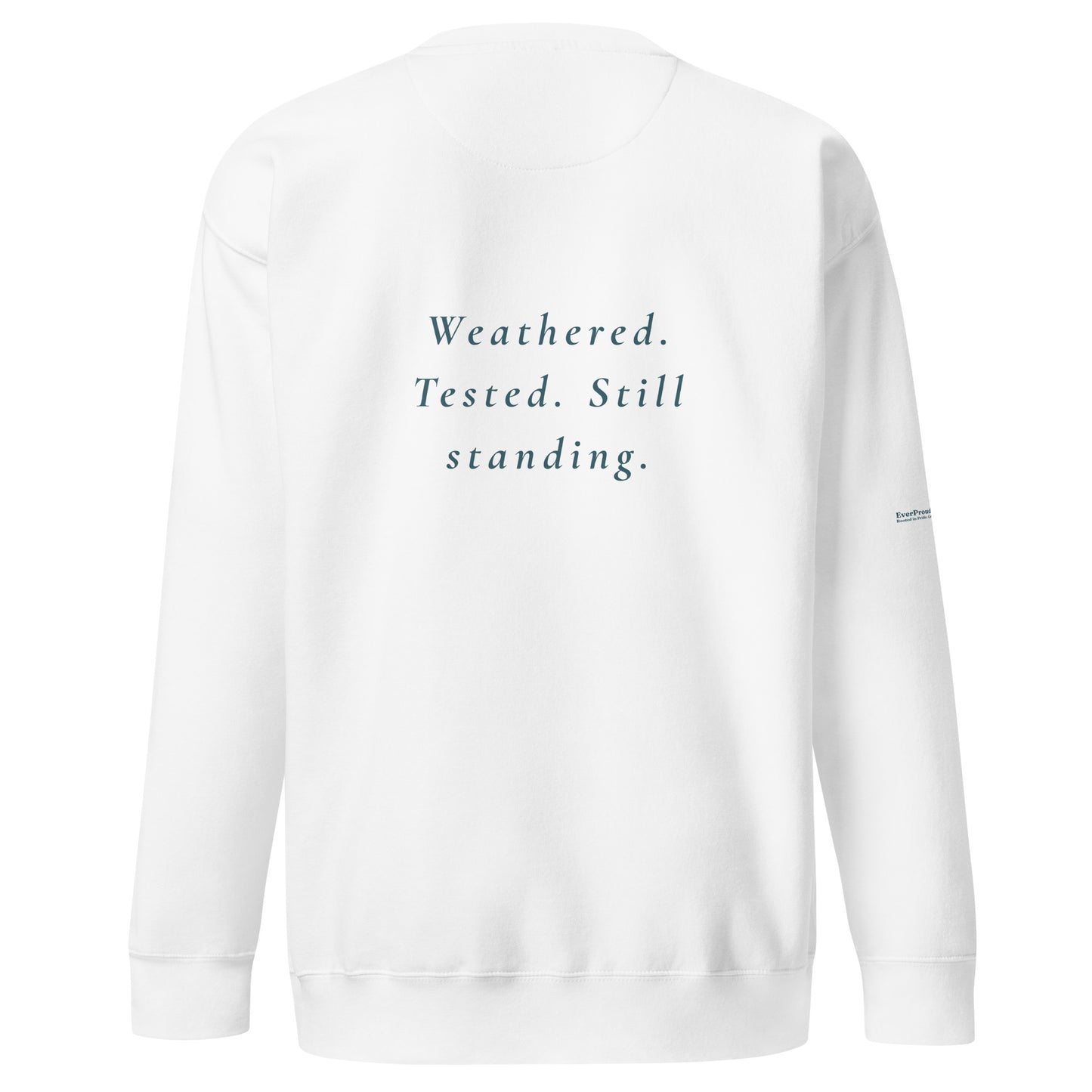 Endure Sweatshirt — white, back view, queer-owned PNW Pride apparel