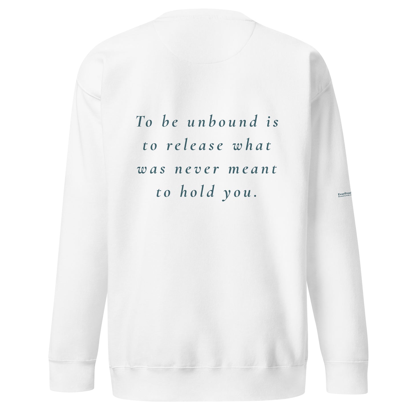 Unbound Sweatshirt — white, back view, queer-owned PNW Pride apparel