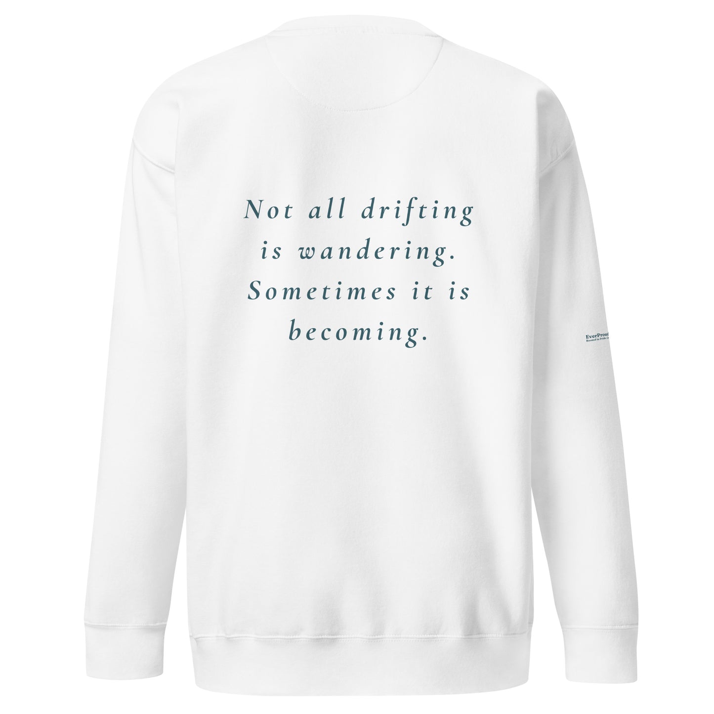 Drift Sweatshirt — white, back view, queer-owned PNW Pride apparel