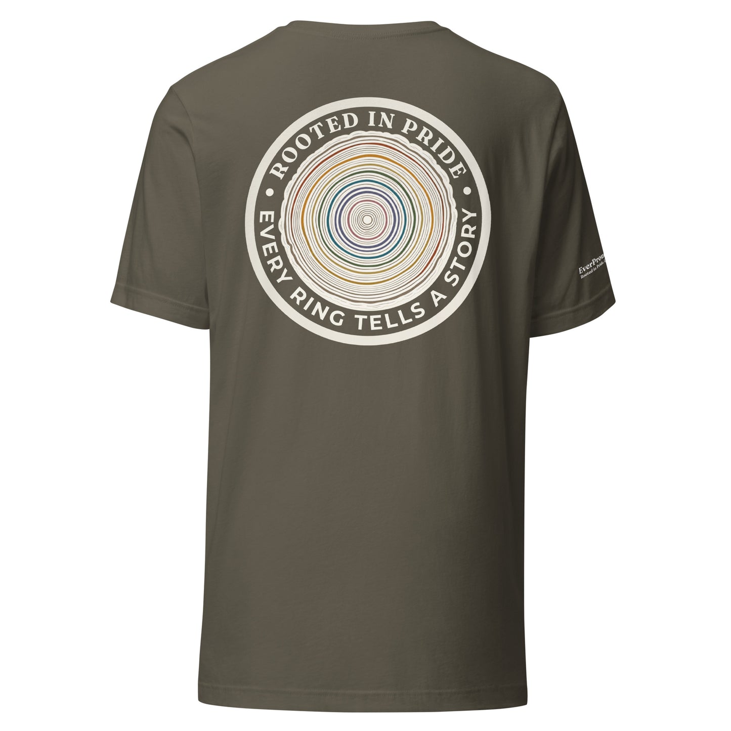 Quiet Rings T-Shirt — army, back view, queer-owned PNW Pride apparel