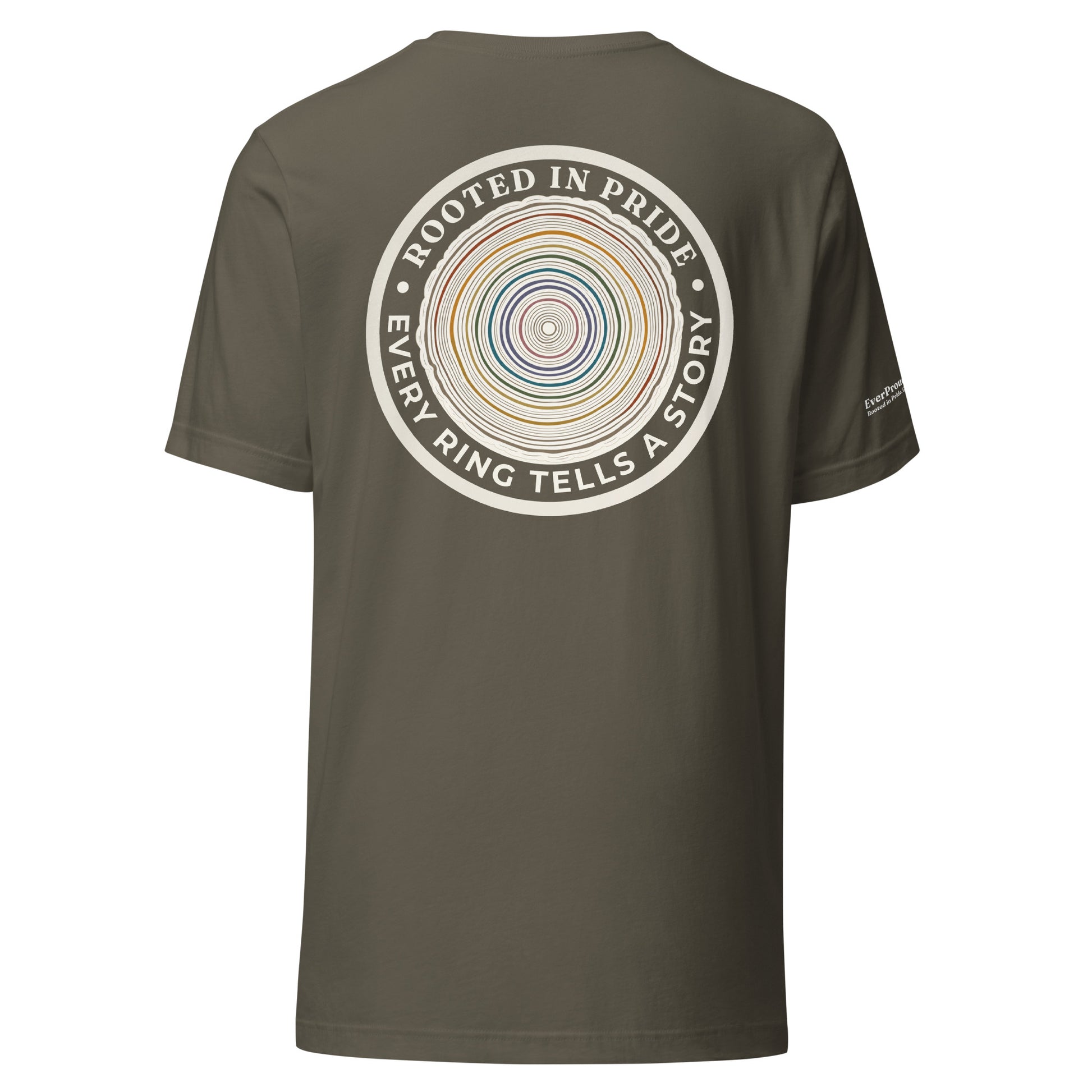 Quiet Rings T-Shirt — army, back view, queer-owned PNW Pride apparel