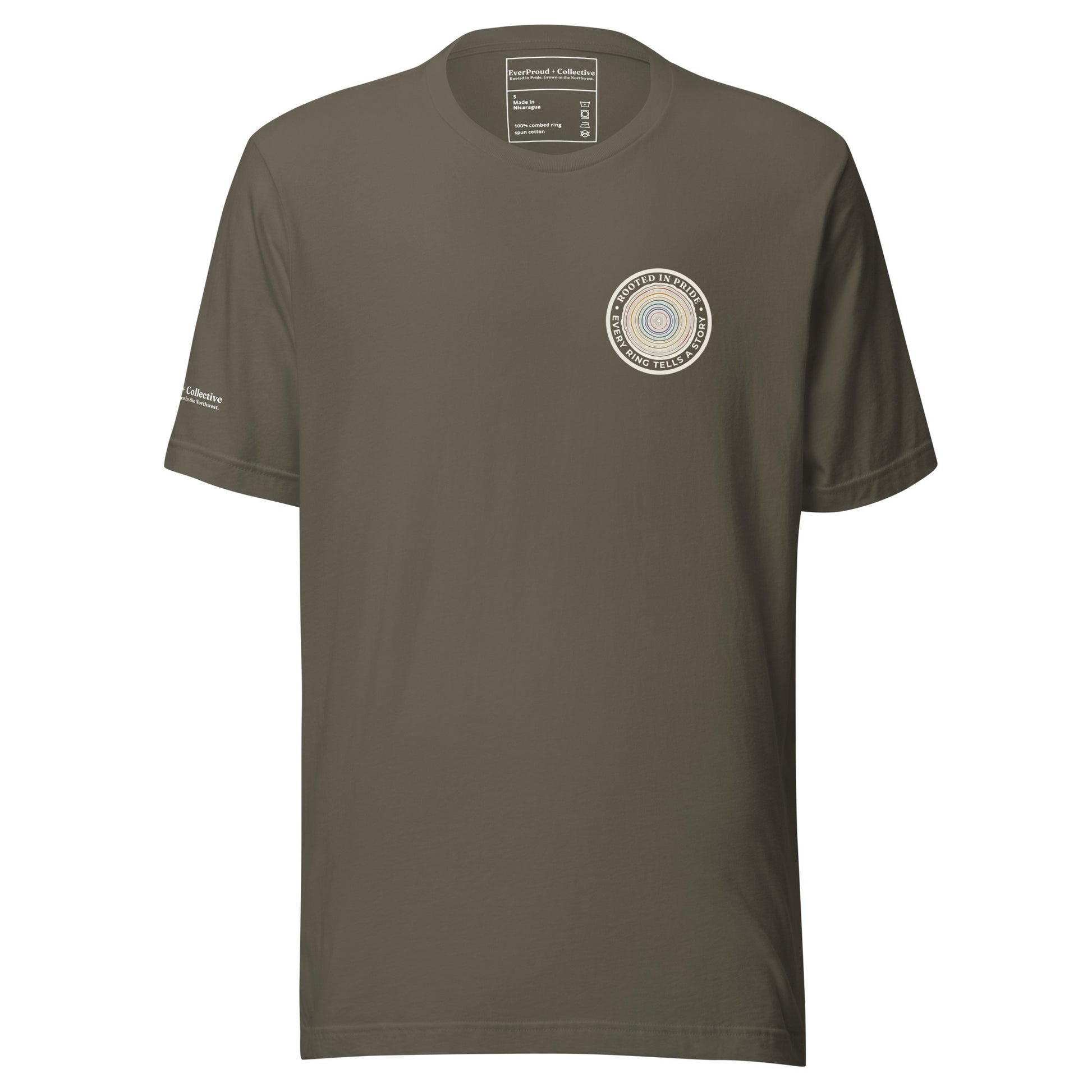 Quiet Rings T-Shirt — army, front view, queer-owned PNW Pride apparel