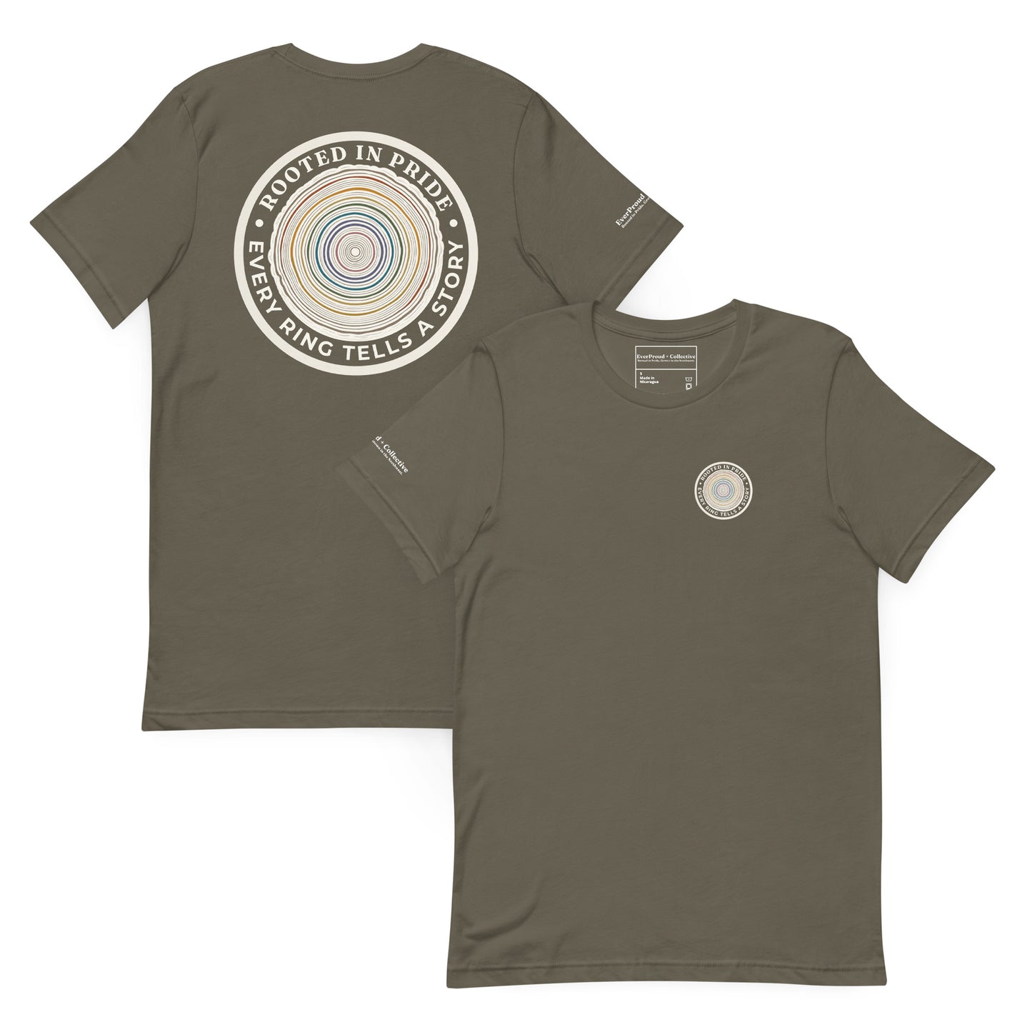 Quiet Rings T-Shirt — army, front and back view, queer-owned PNW Pride apparel