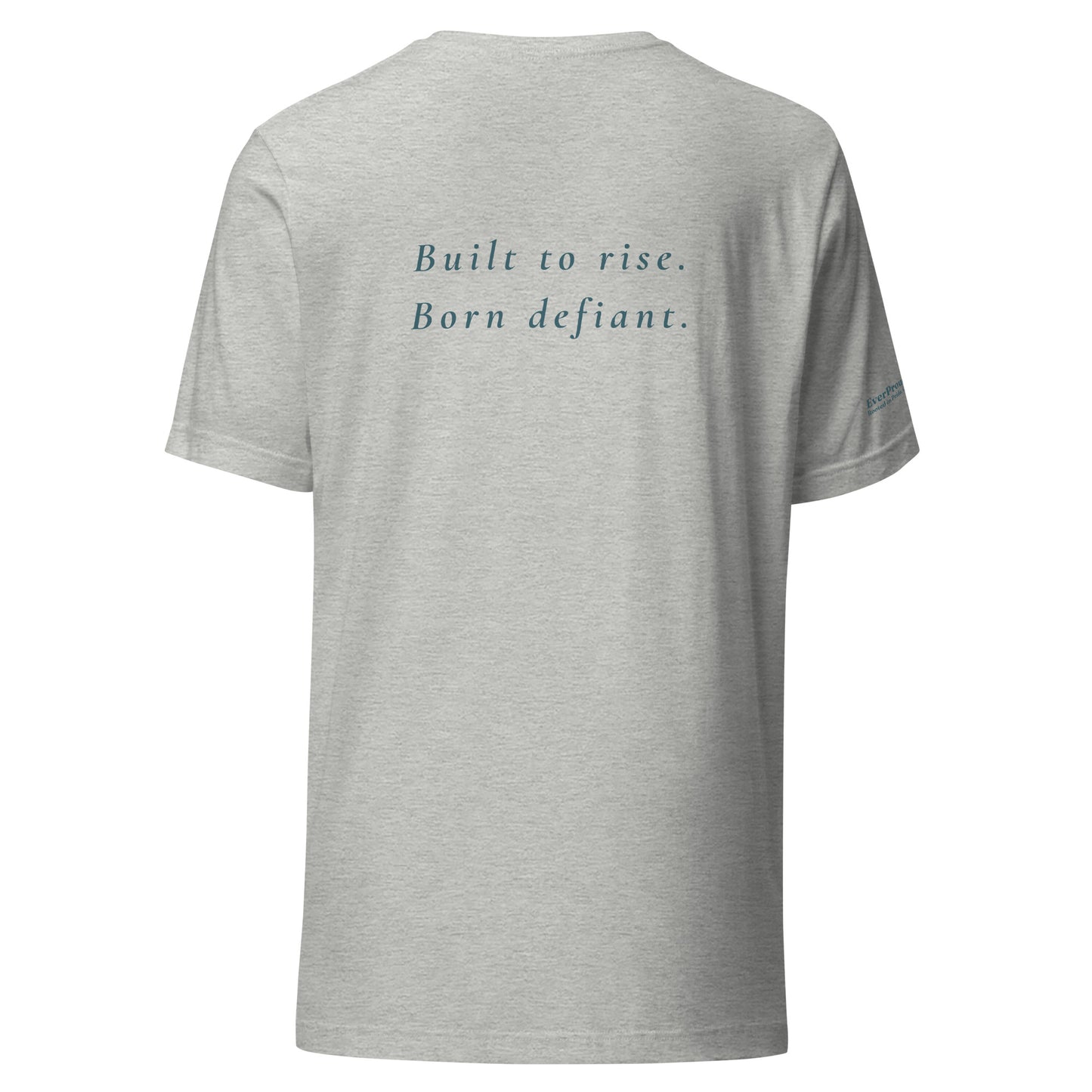 Defiant T-Shirt — athletic heather, back view, queer-owned PNW Pride apparel
