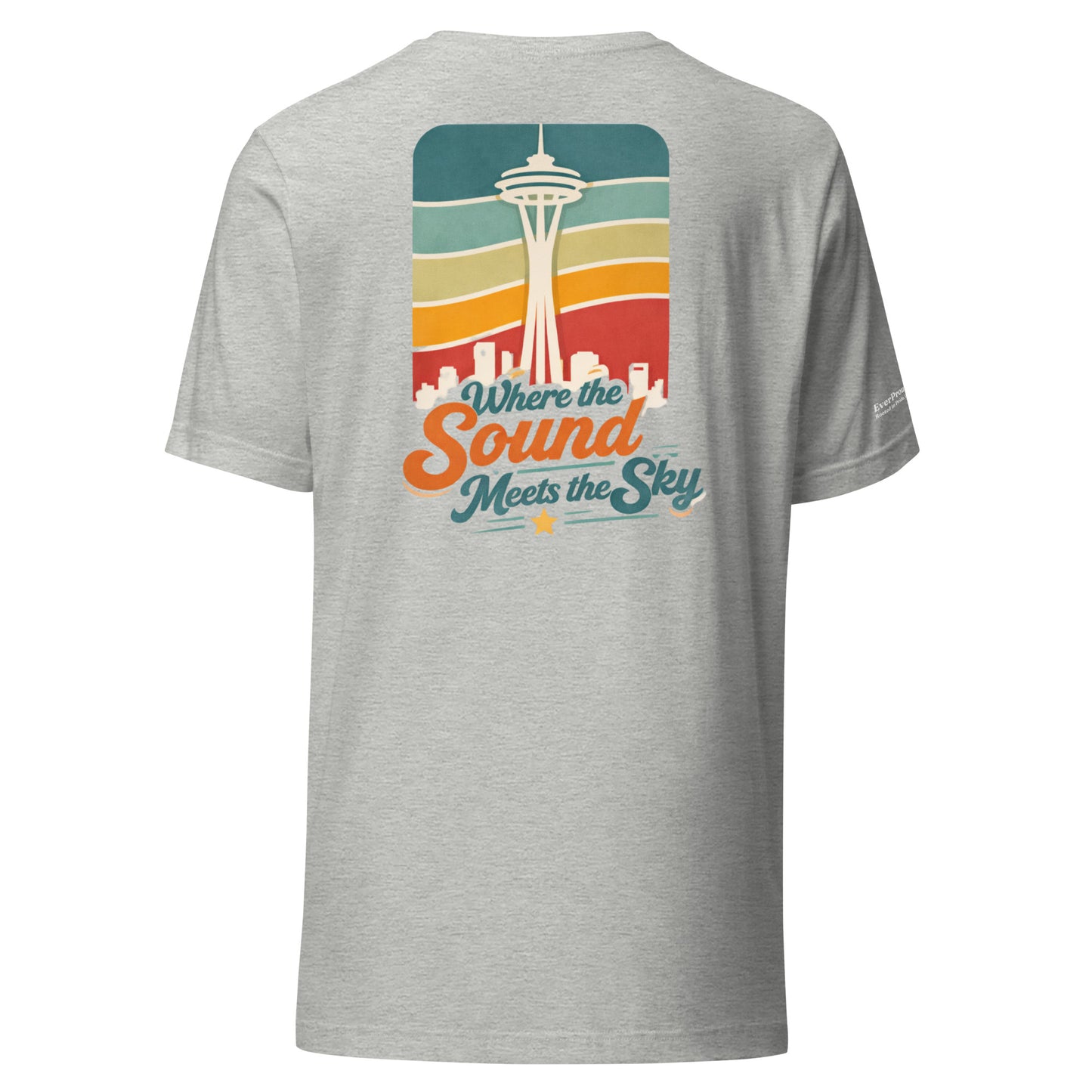 Where the Sound Meets the Sky T-Shirt — athletic heather, back view, queer-owned PNW Pride apparel