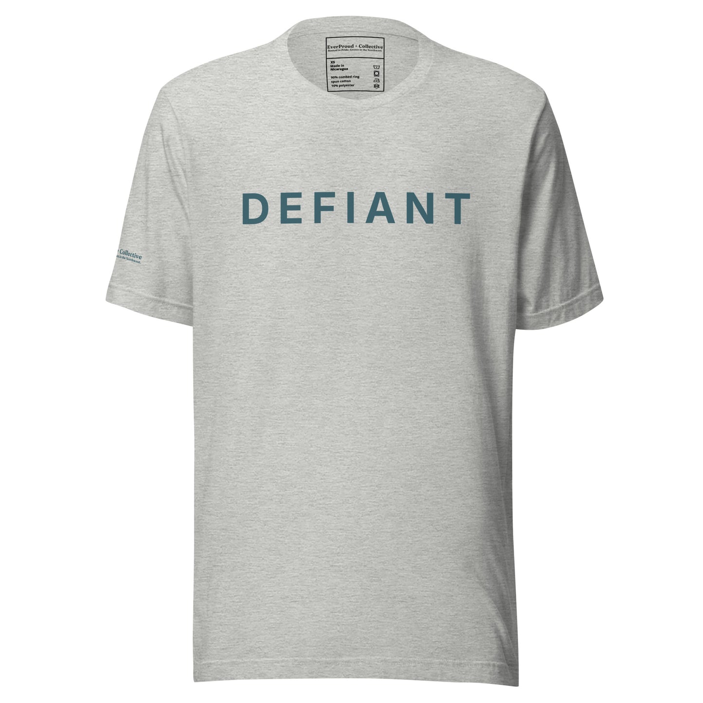 Defiant T-Shirt — athletic heather, front view, queer-owned PNW Pride apparel