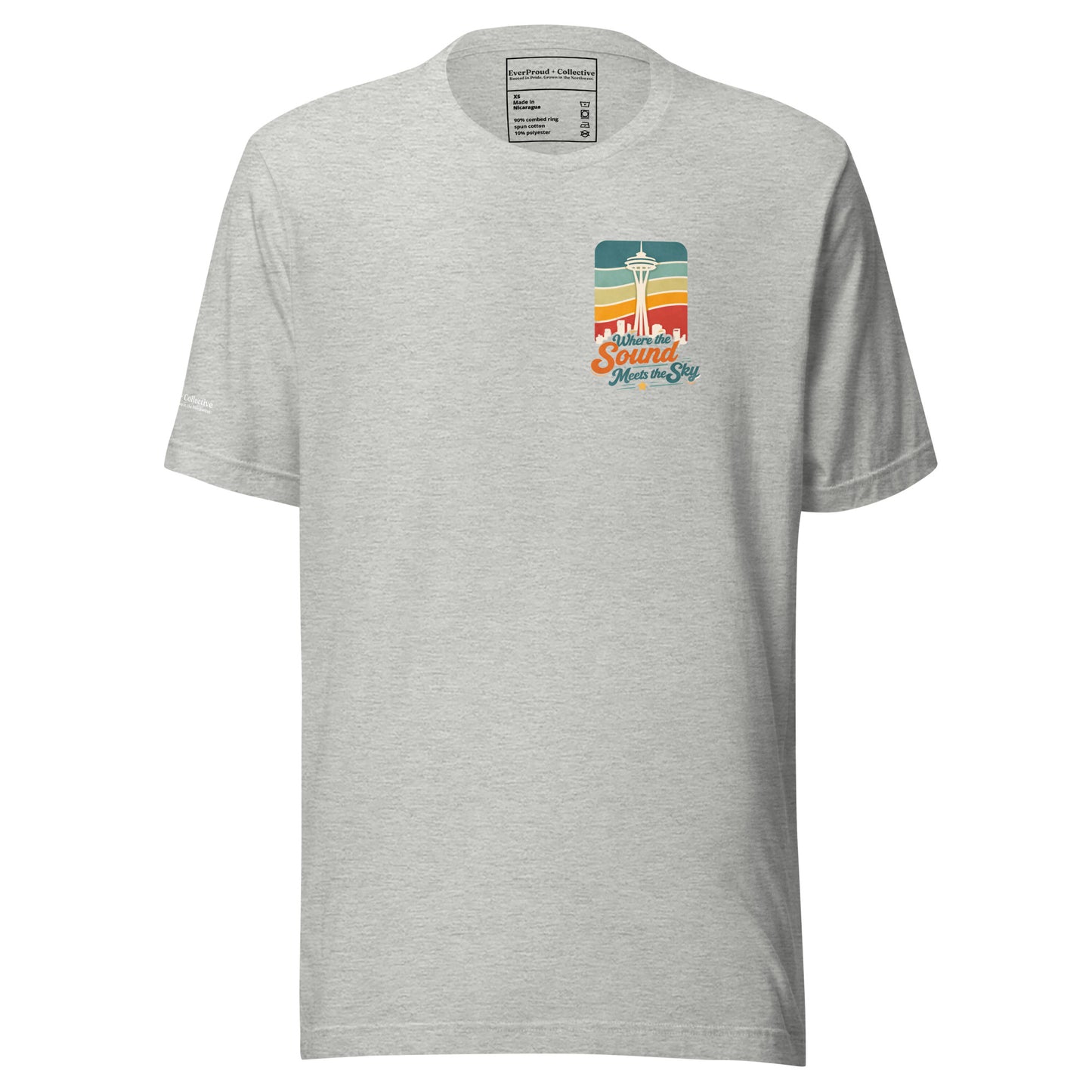 Where the Sound Meets the Sky T-Shirt — athletic heather, front view, queer-owned PNW Pride apparel