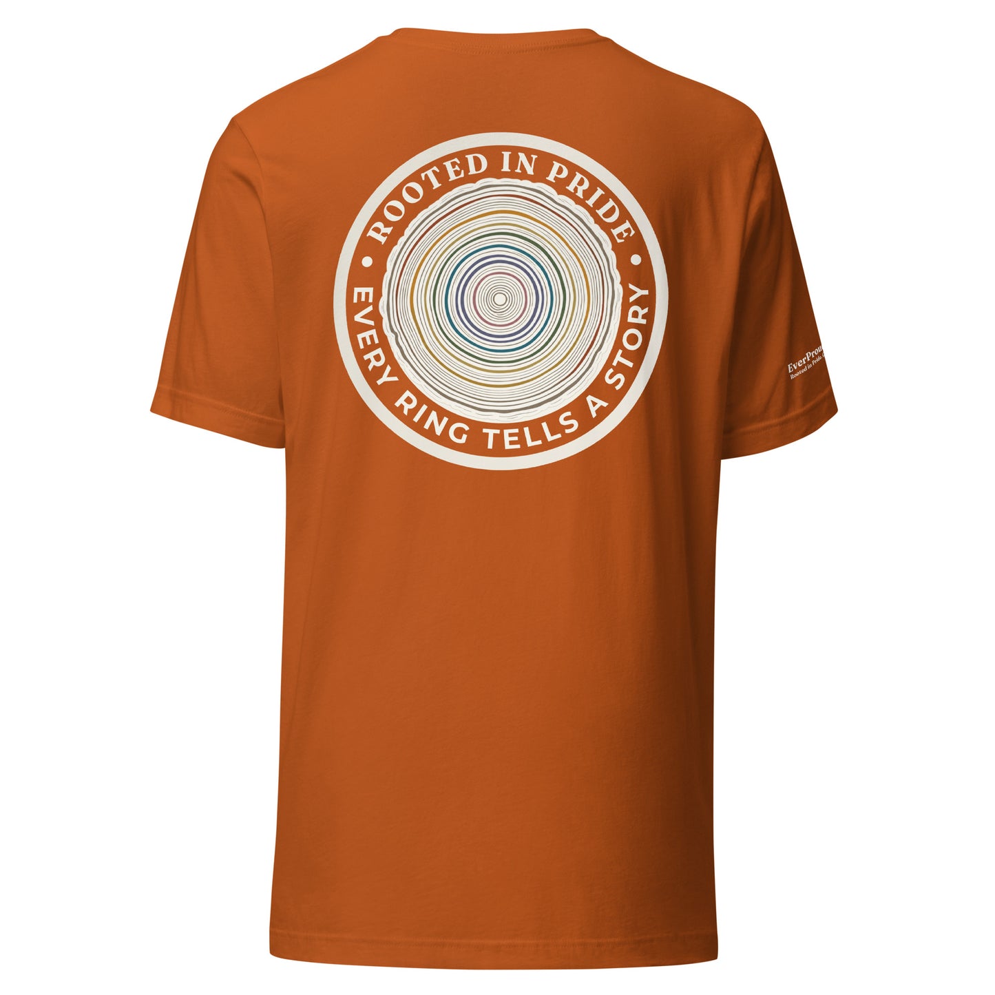 Quiet Rings T-Shirt — autumn, back view, queer-owned PNW Pride apparel