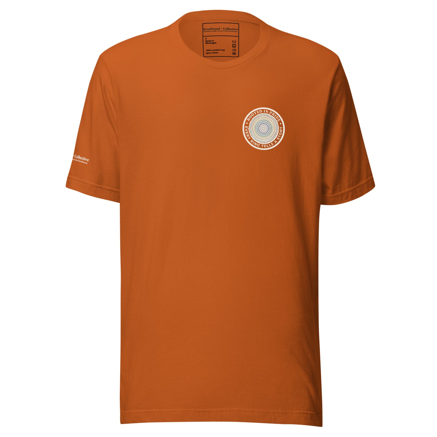 Quiet Rings T-Shirt — autumn, front view, queer-owned PNW Pride apparel